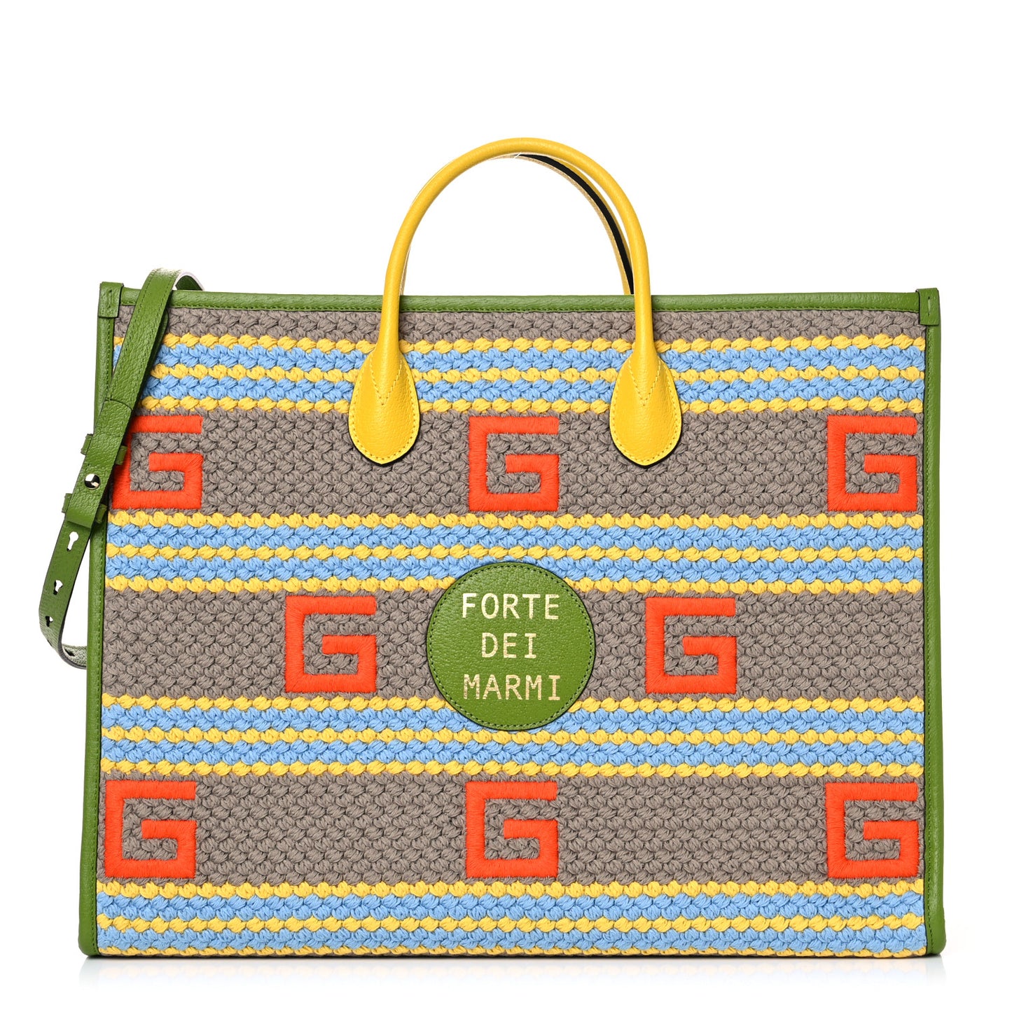 Fabric Embroidered Square G Forte Dei Marmi Striped Tote Bag Green Yellow