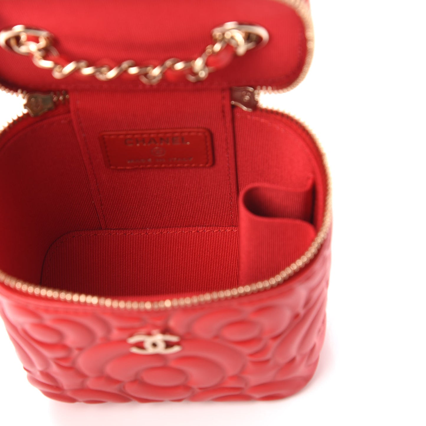 Lambskin Camellia Embossed Mini Vanity Case With Chain Red