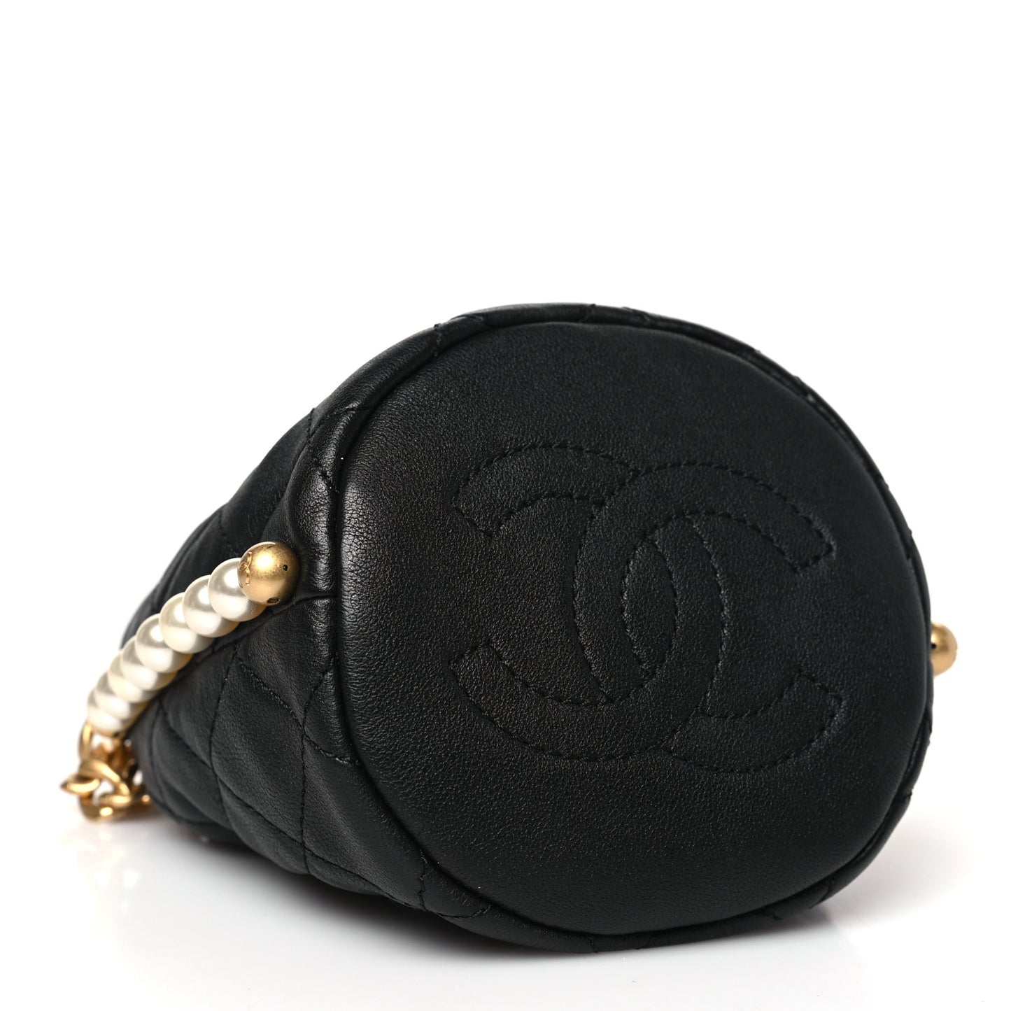 Calfskin Quilted Pearl Mini About Pearls Drawstring Bucket Bag Black