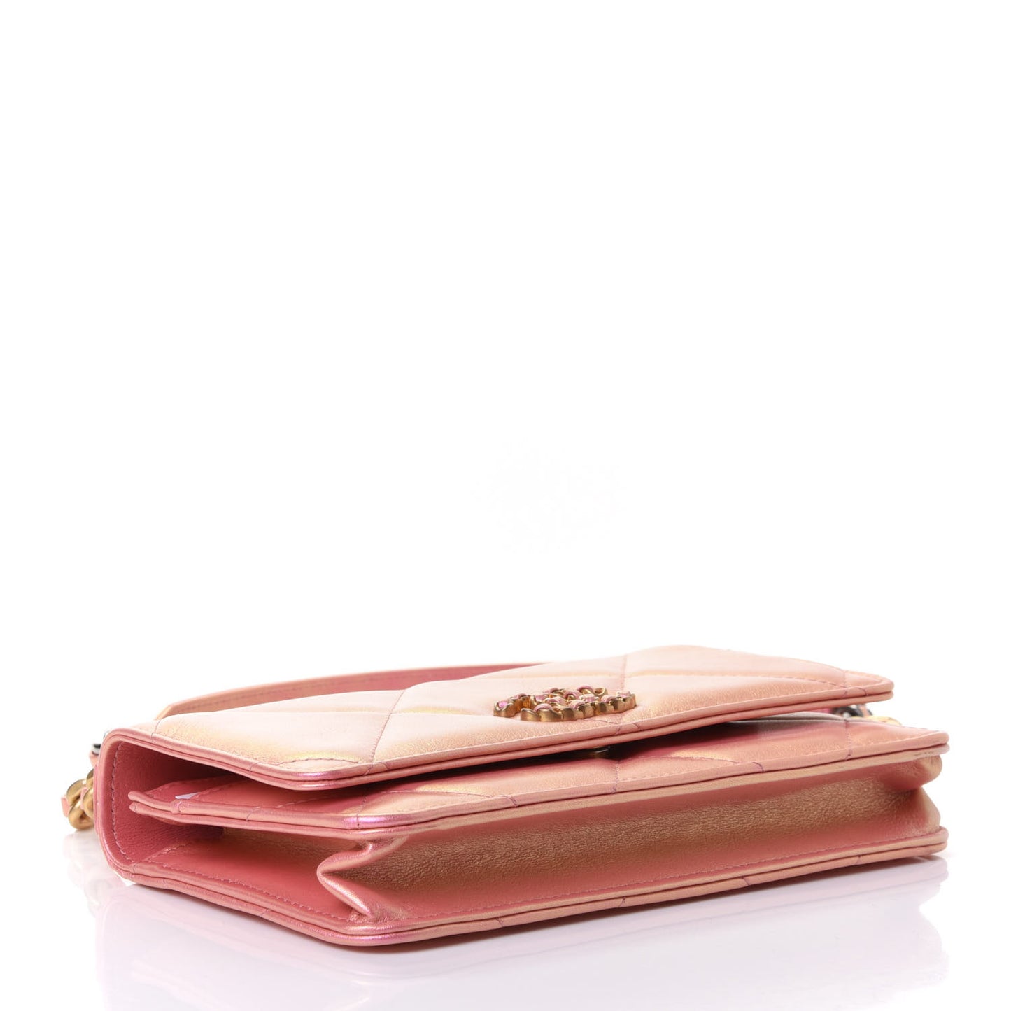 Iridescent Calfskin Quilted Chanel 19 Wallet On Chain WOC Pink