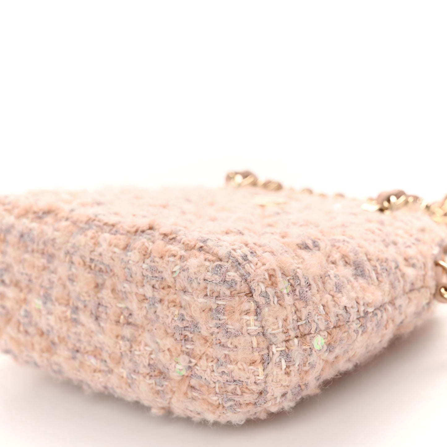 Cotton Wool Tweed Sequin Quilted Shiny Coco Clutch With Chain Light Pink Beige Ecru