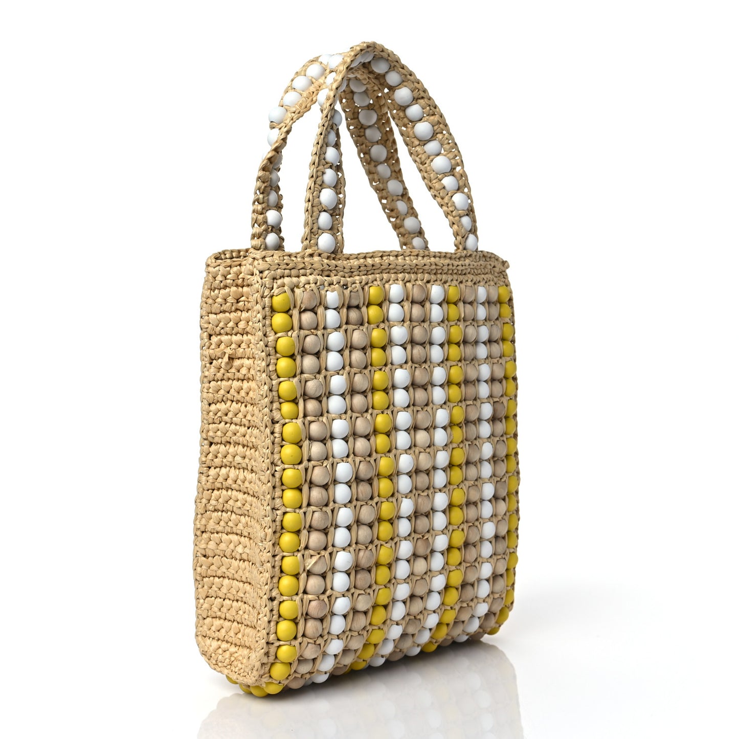 Raffia Wood Bead Embroidered Logo Tote Bag Naturale