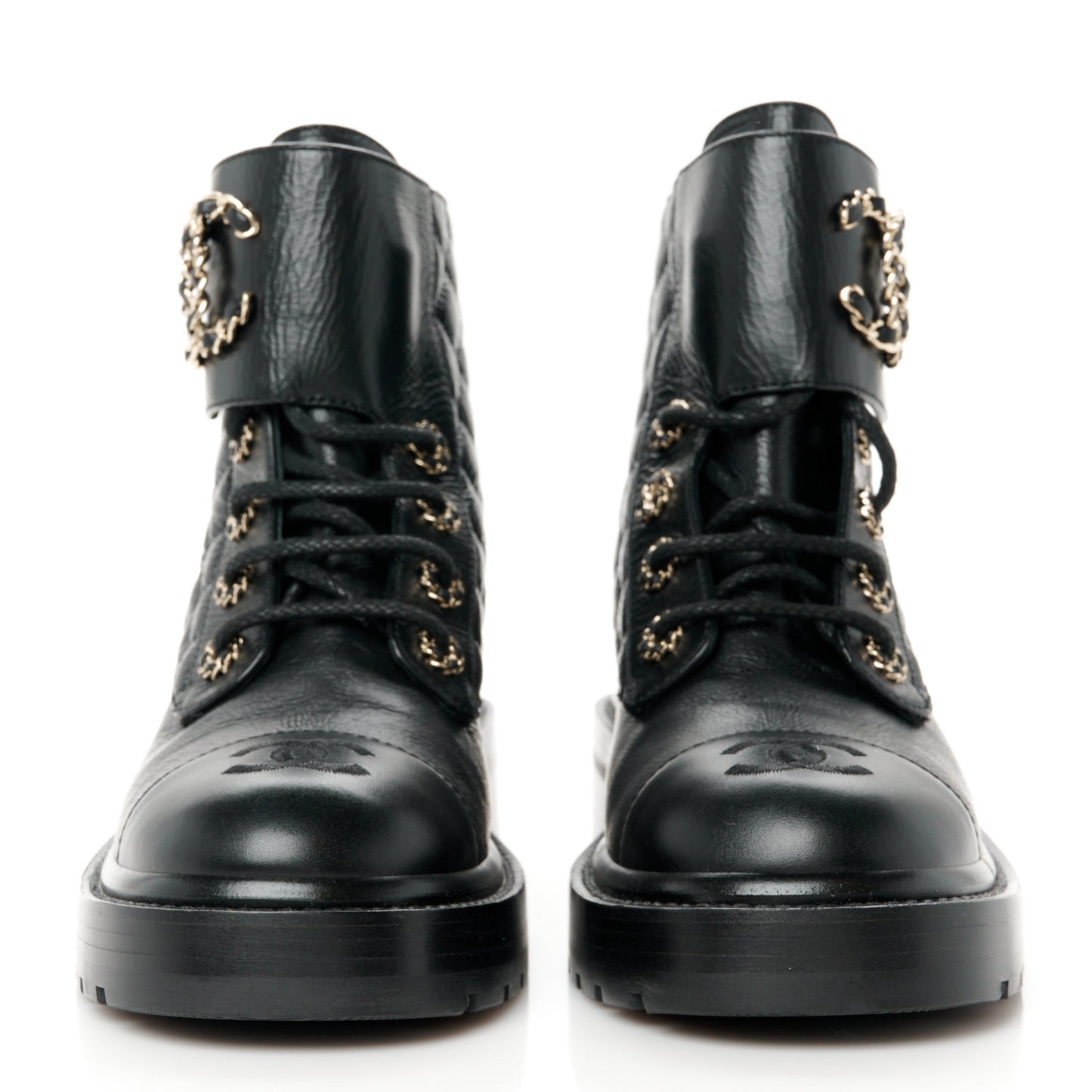 Shiny Goatskin Calfskin Quilted Lace Up Combat Boots 36 Black