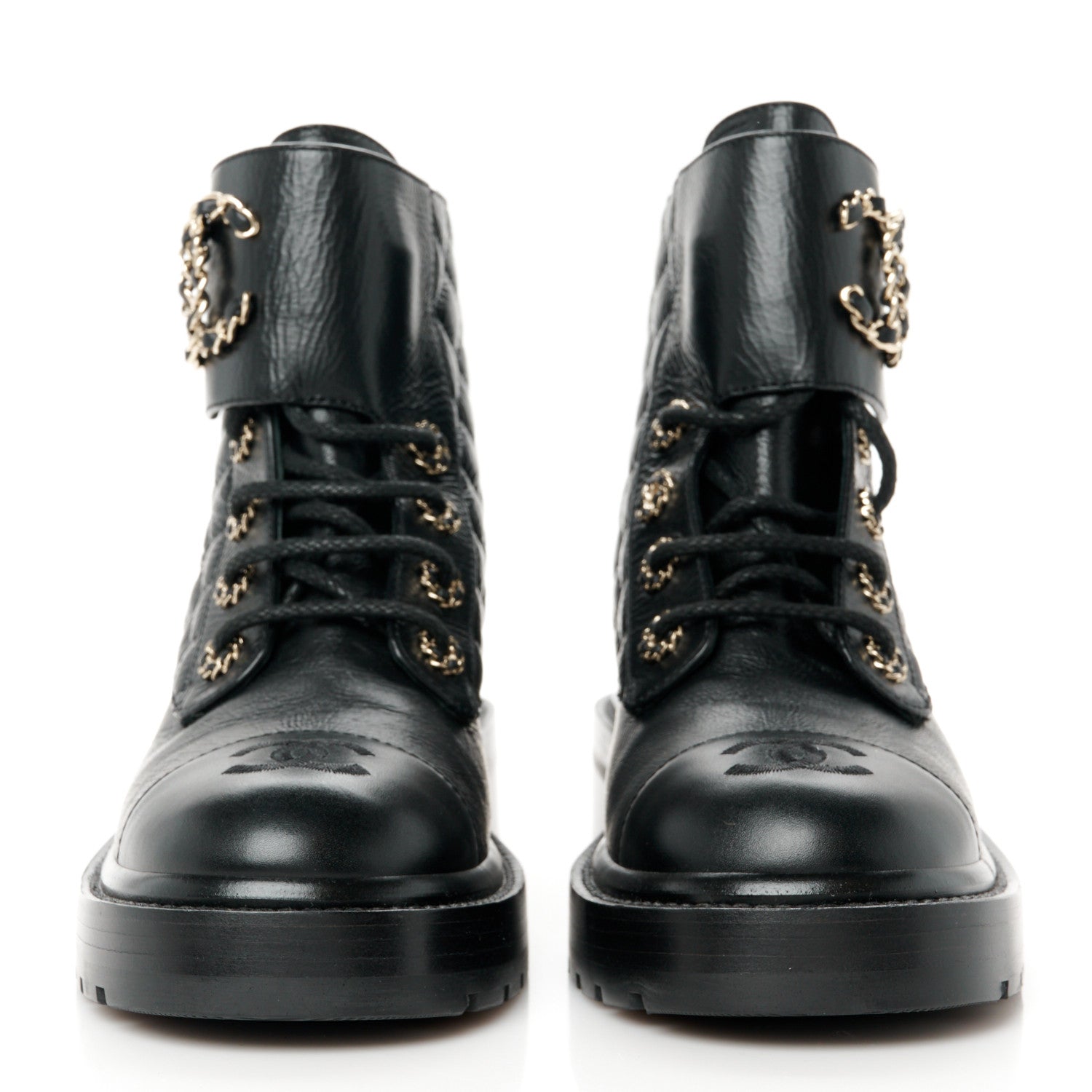 Chanel Shiny Goatskin Calfskin Quilted Lace Up Combat Boots 36 Black 2 of 10