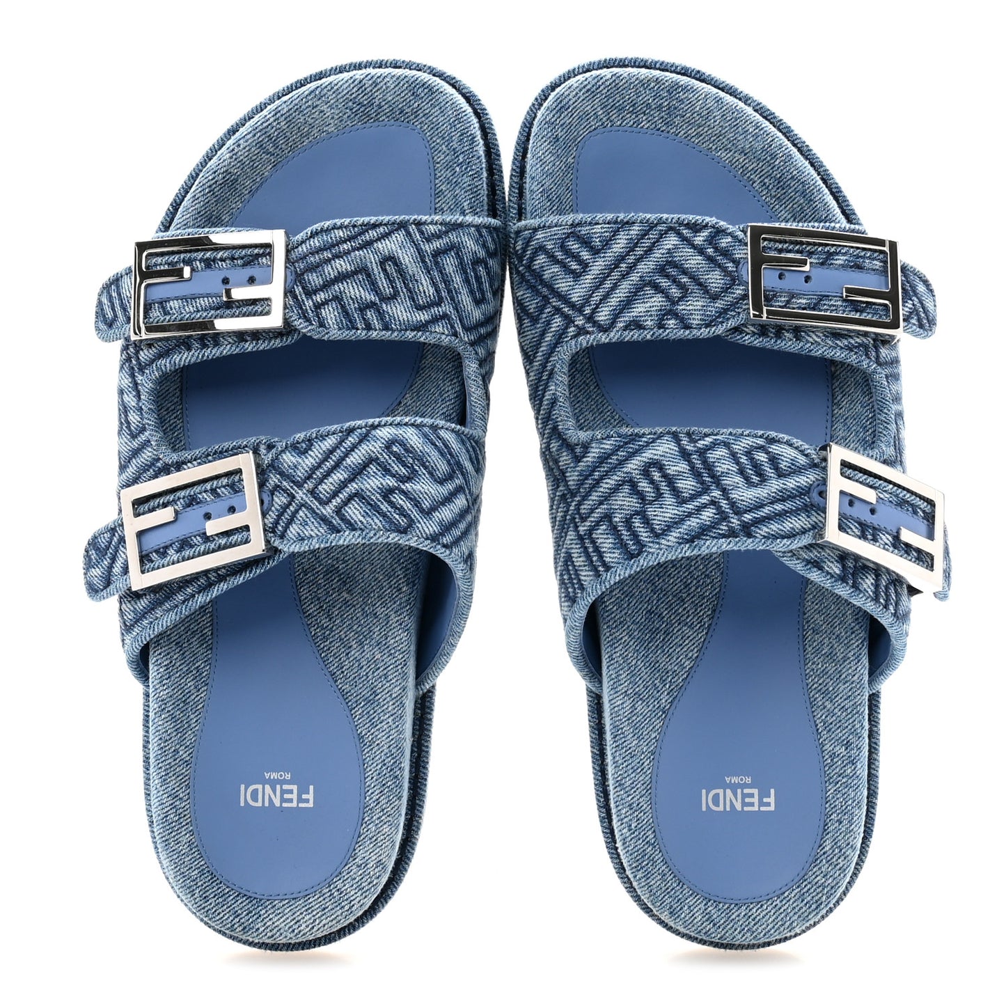 Denim FF Quilted Fendi Feel Buckled Slide Sandals 37.5 Blue