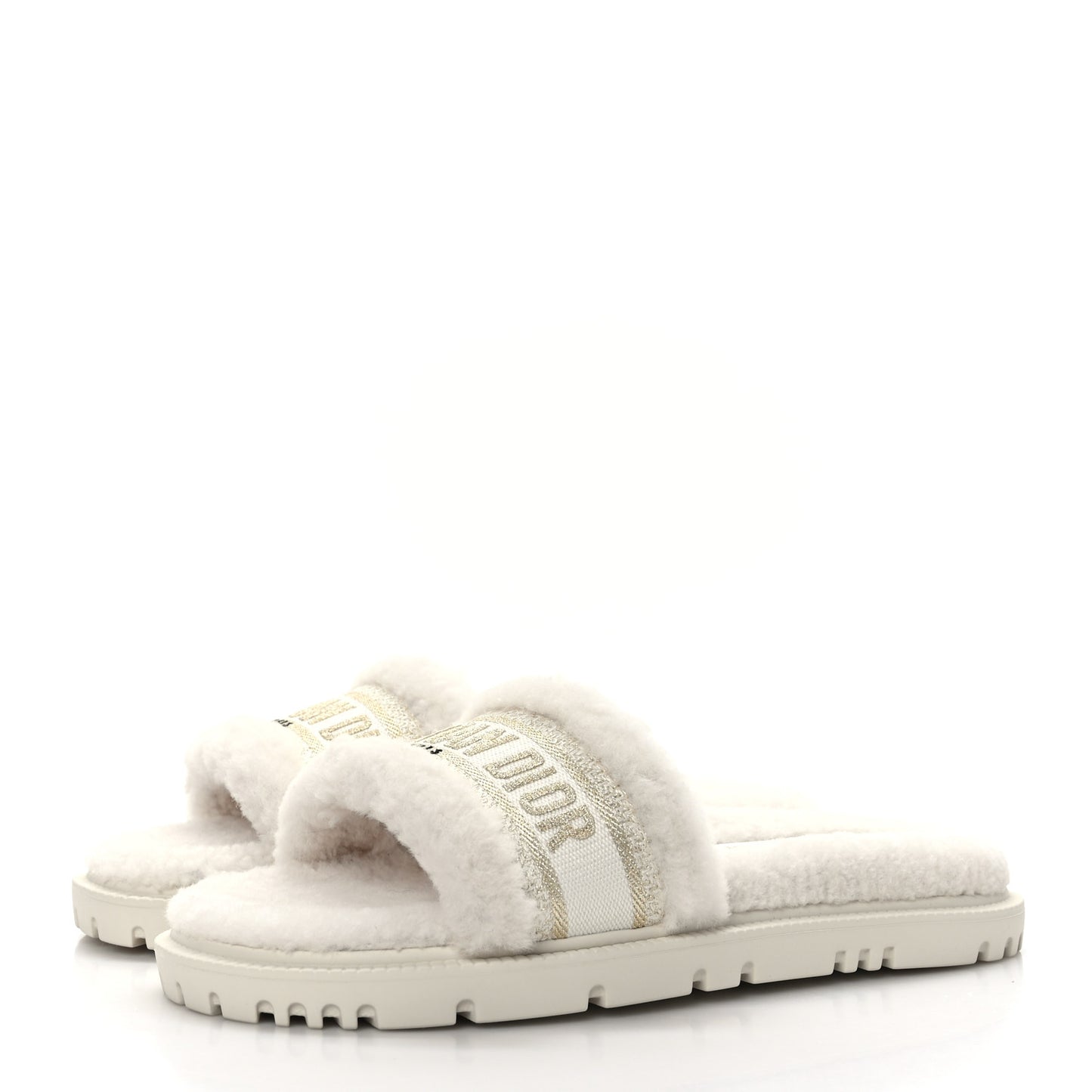 Shearling Canvas Lurex Embroidered Dway 10mm Slide Sandals 38 Natural Platinum