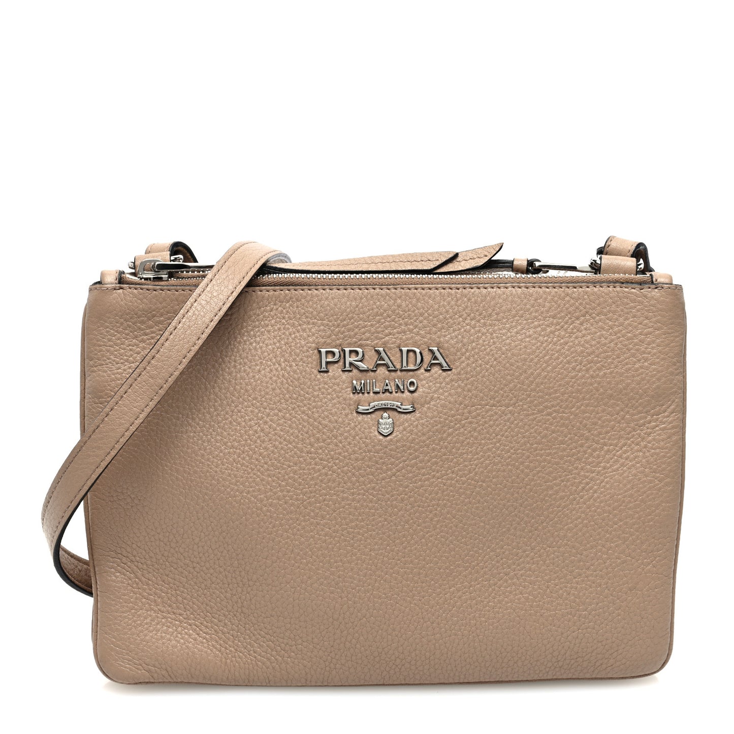 Vitello Daino Double Zip Crossbody Bag Cammeo