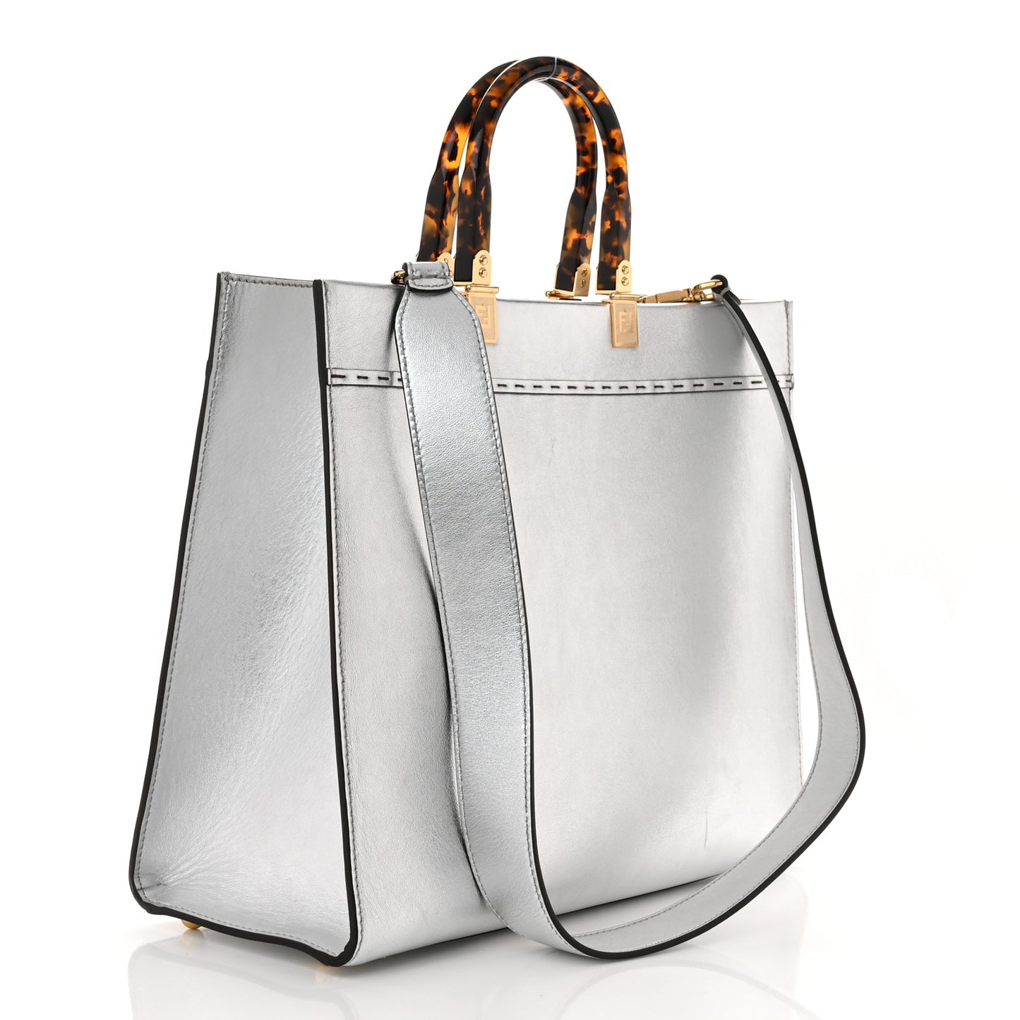 Vitello Catalan Mirror Plexiglass Logo Embossed Medium Fendi Sunshine Shopper Tote Argento
