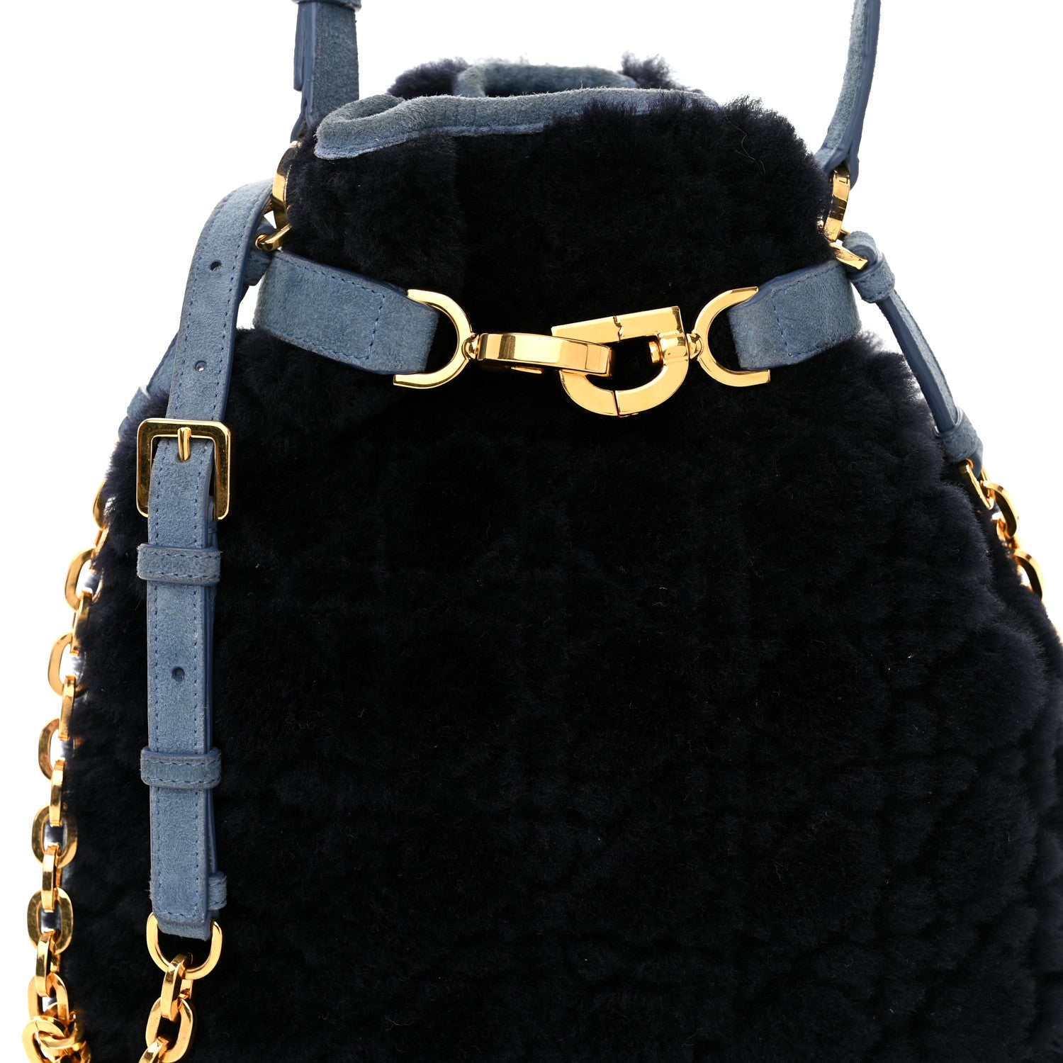 Christian Dior Shearling Suede C'est Dior Cannage Bucket Bag Navy 7 of 9