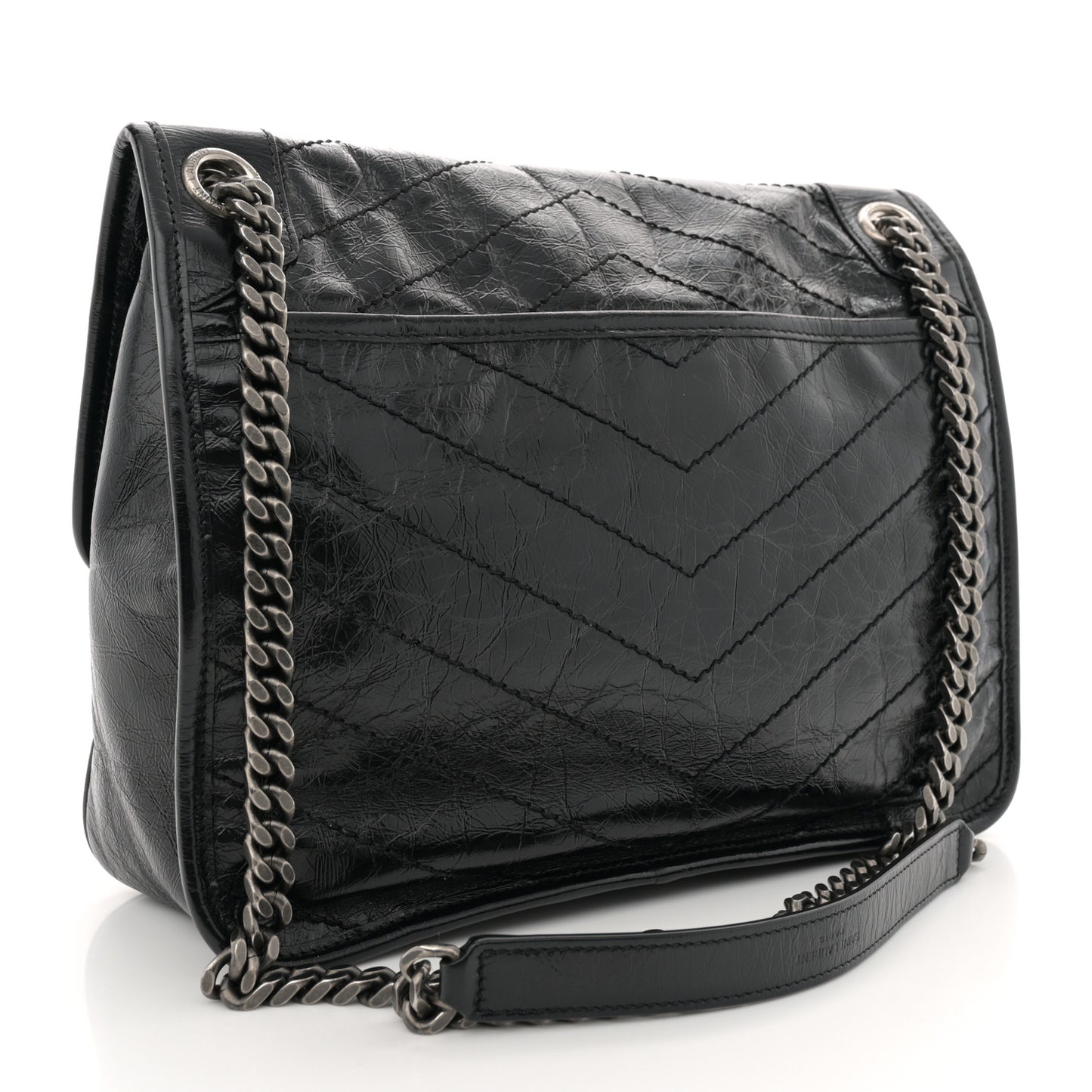 Crinkled Calfskin Matelasse Monogram Medium Niki Chain Satchel Black