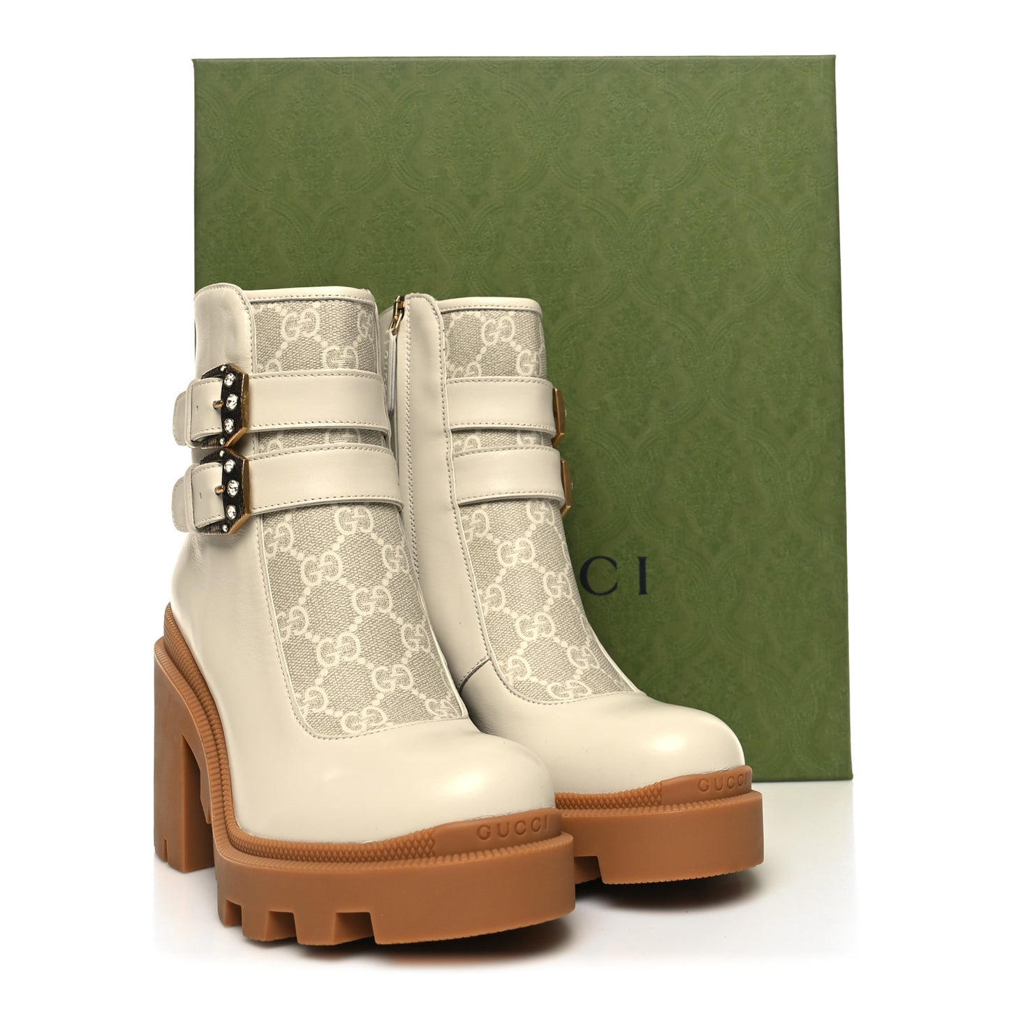 Kensington Calfskin Nappa GG Supreme Monogram Womens Double Buckle Ankle Boots 35.5 Mystic White Beige