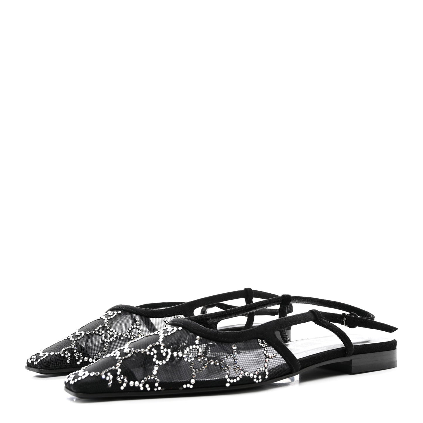 Tela Retino Kid Scamosciato Crystal GG Monogram Square G Slingback Flat 36 Black