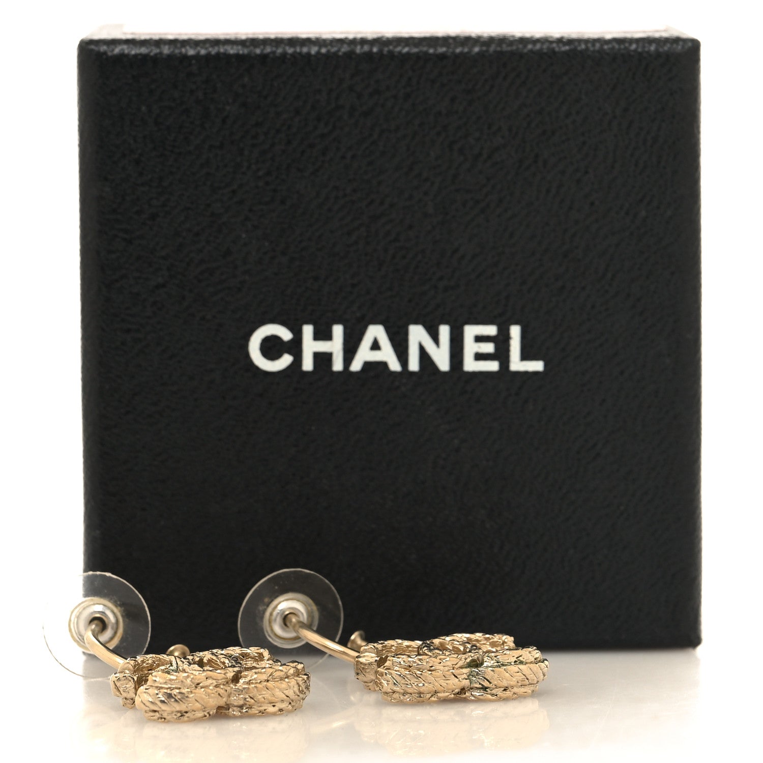 Chanel Metal Textured Hoop Drop CC Earrings Gold 4 of 4