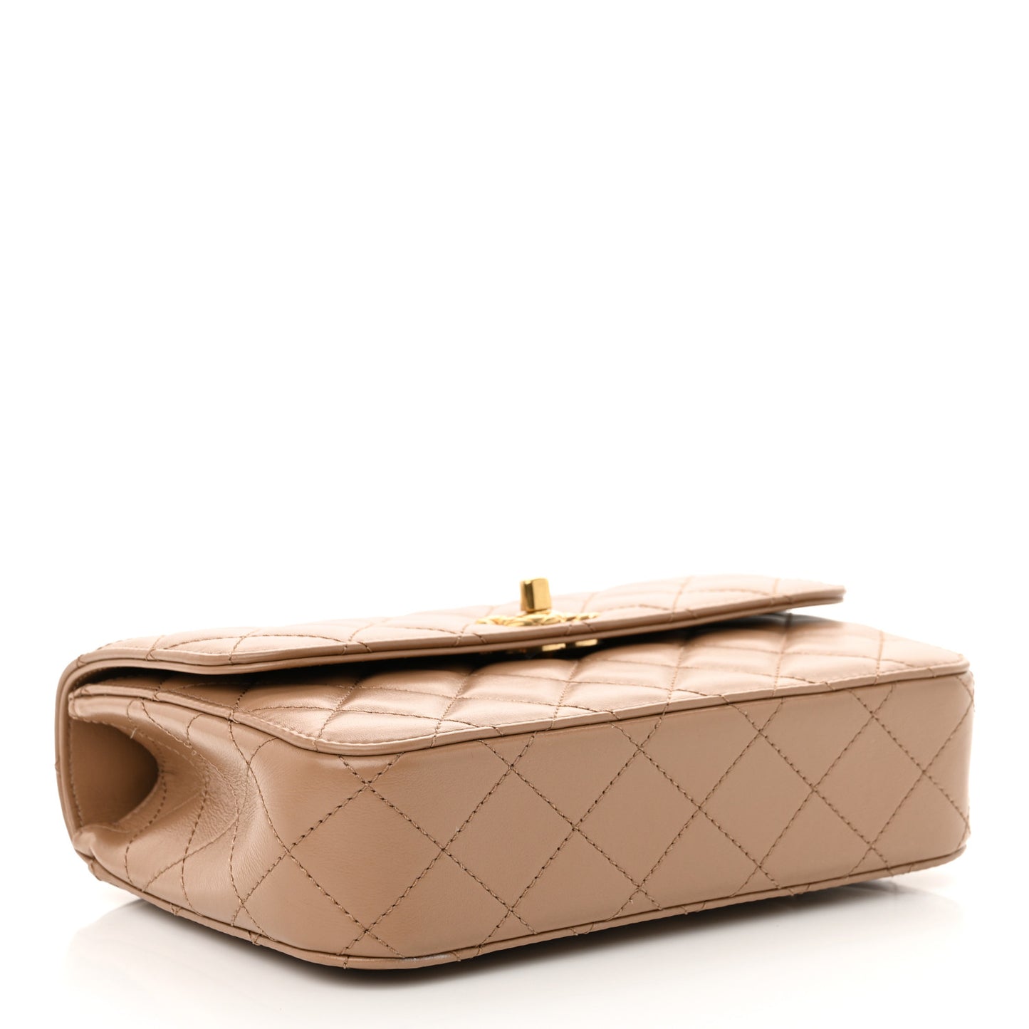 Shiny Calfskin Quilted Small Metal Chain Top Handle Flap Beige