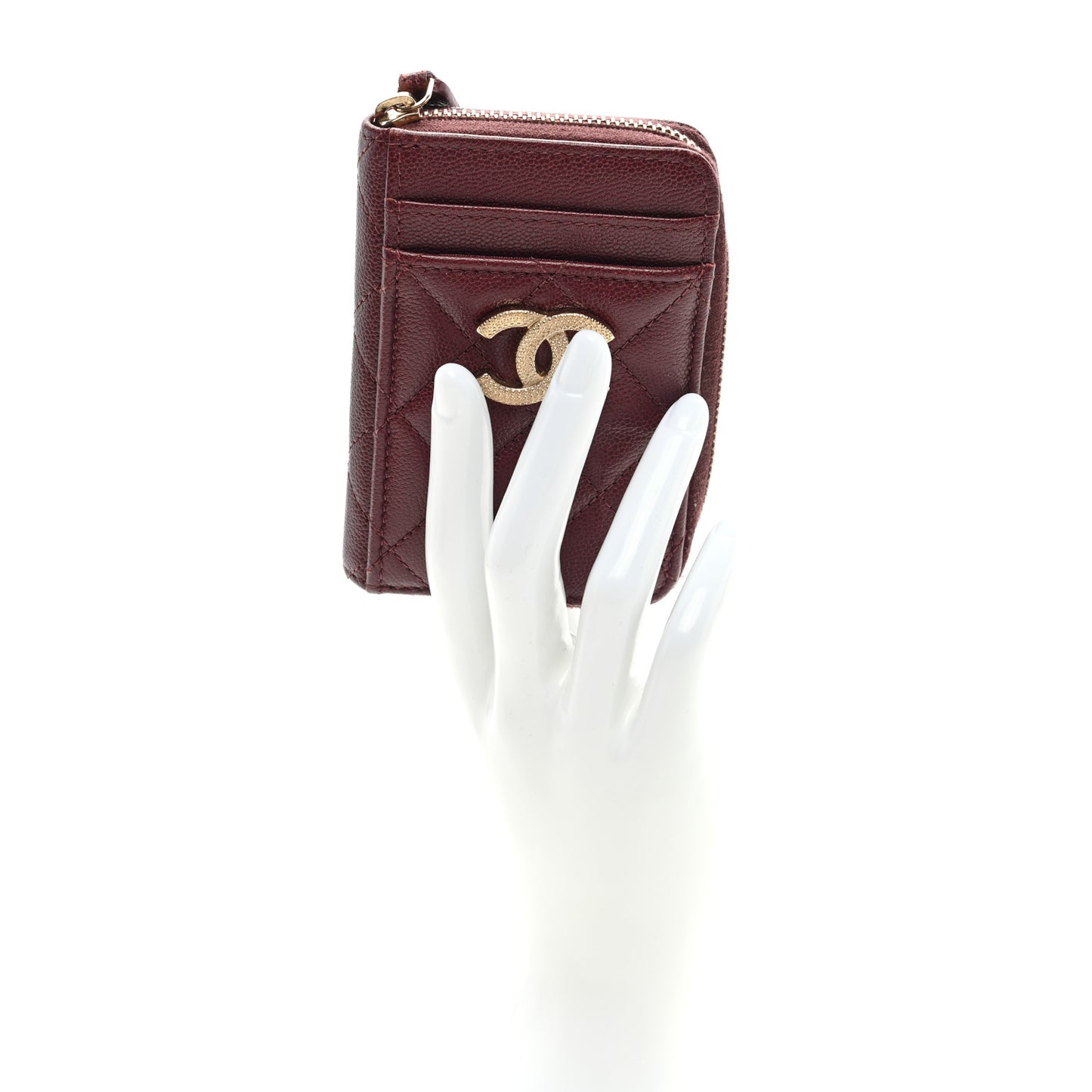 Caviar Quilted Studded CC Zip Card Holder Burgundy