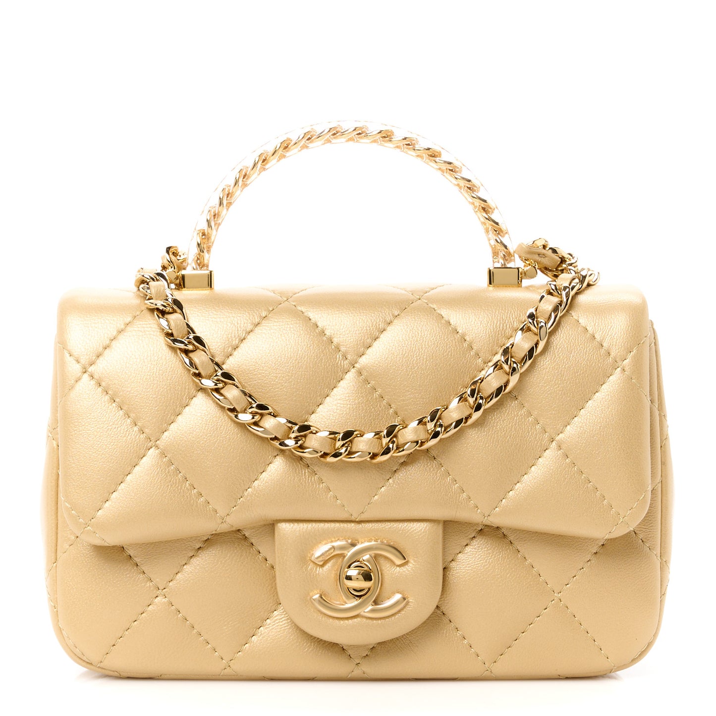 Metallic Lambskin Resin Quilted Top Handle Mini Flap Gold