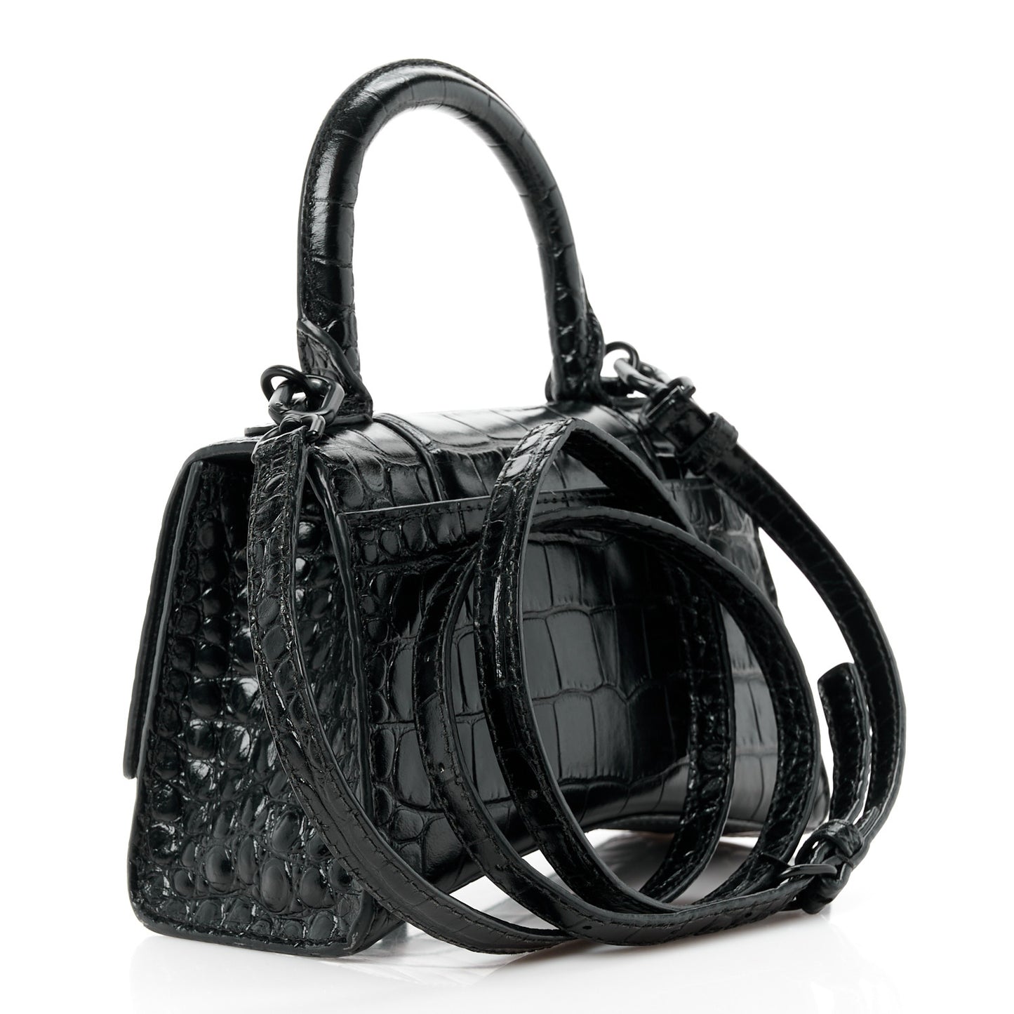 Shiny Calfskin Monochrome Crocodile Embossed Hourglass Top Handle Bag XS Black