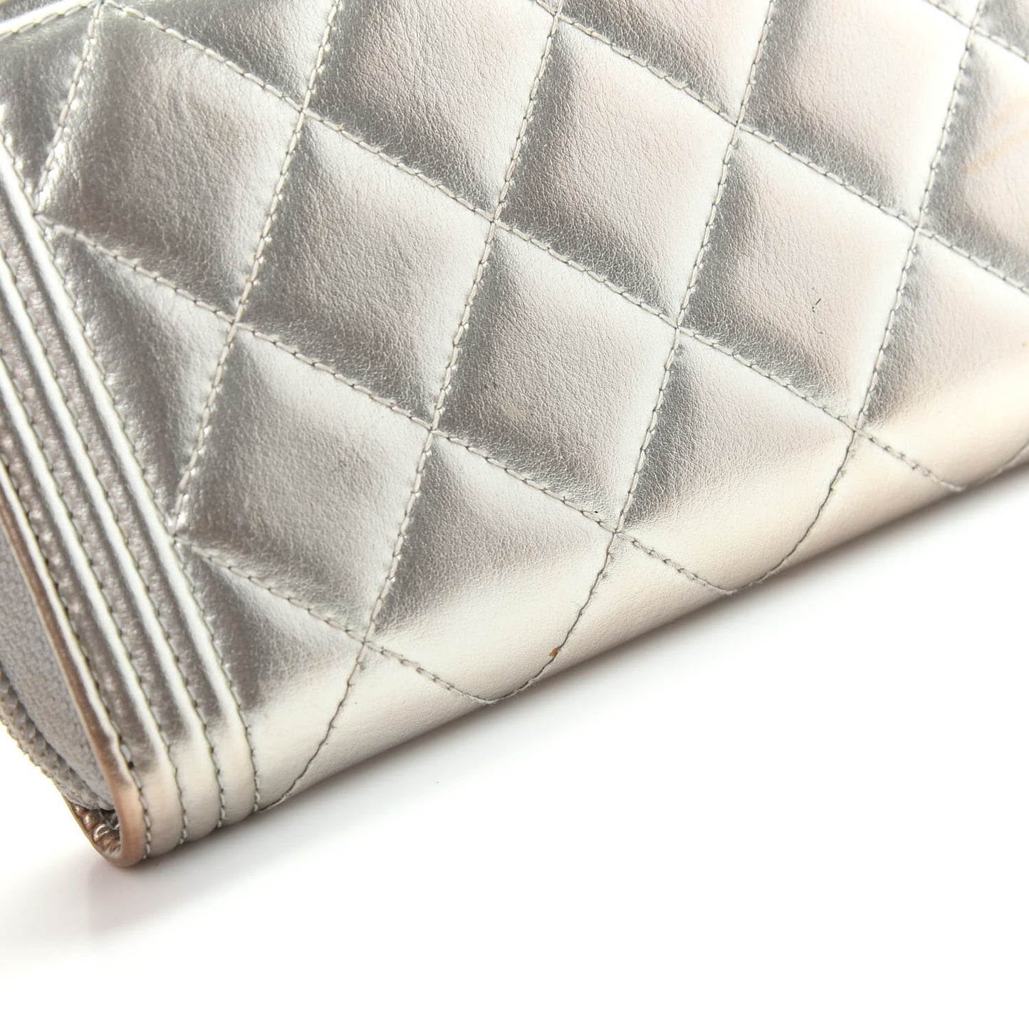 Metallic Calfskin Quilted Boy Zip Around Wallet Silver