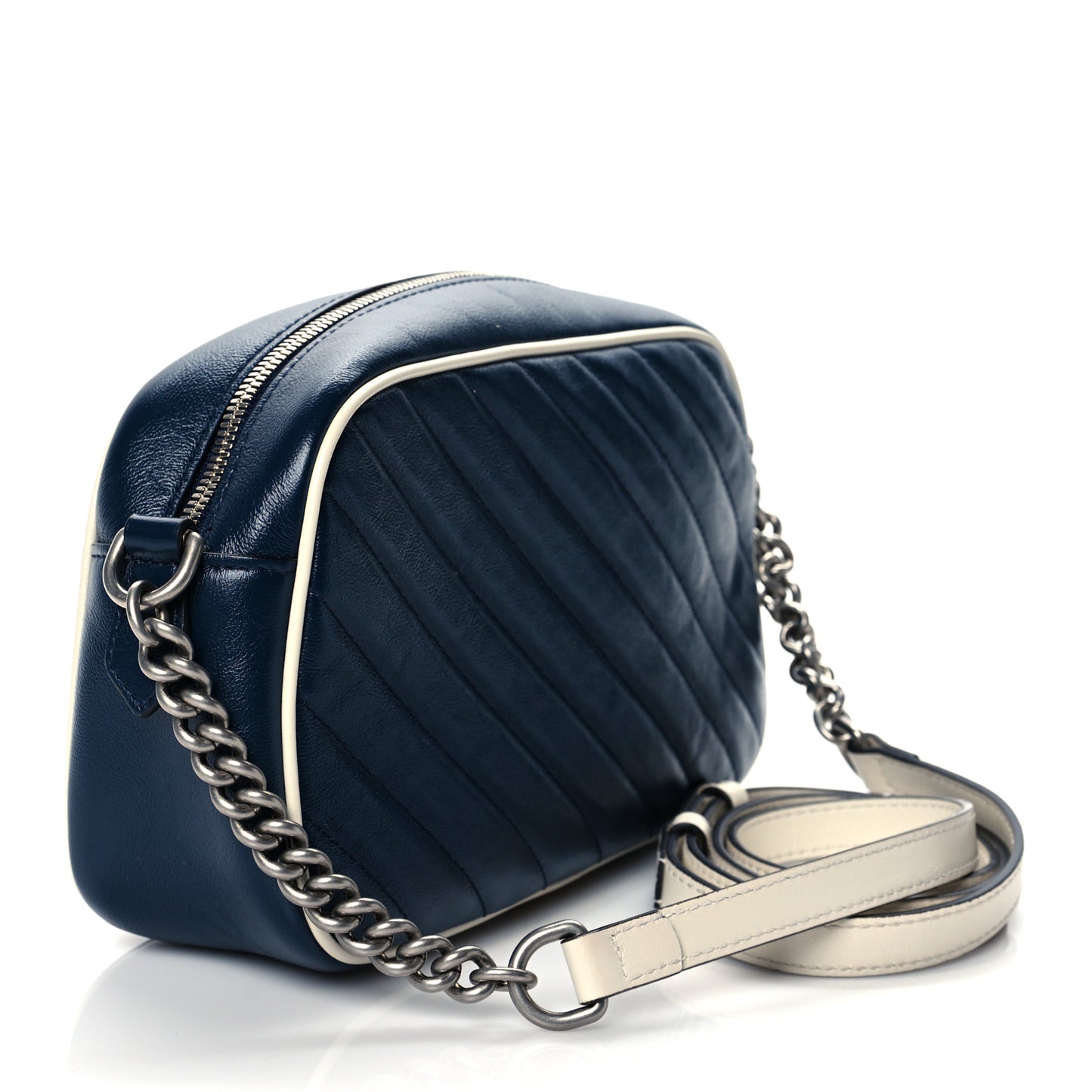 Vintage Effect Calfskin Matelasse Diagonal Small Torchon GG Marmont Chain Shoulder Bag Blue Agata Mystic White