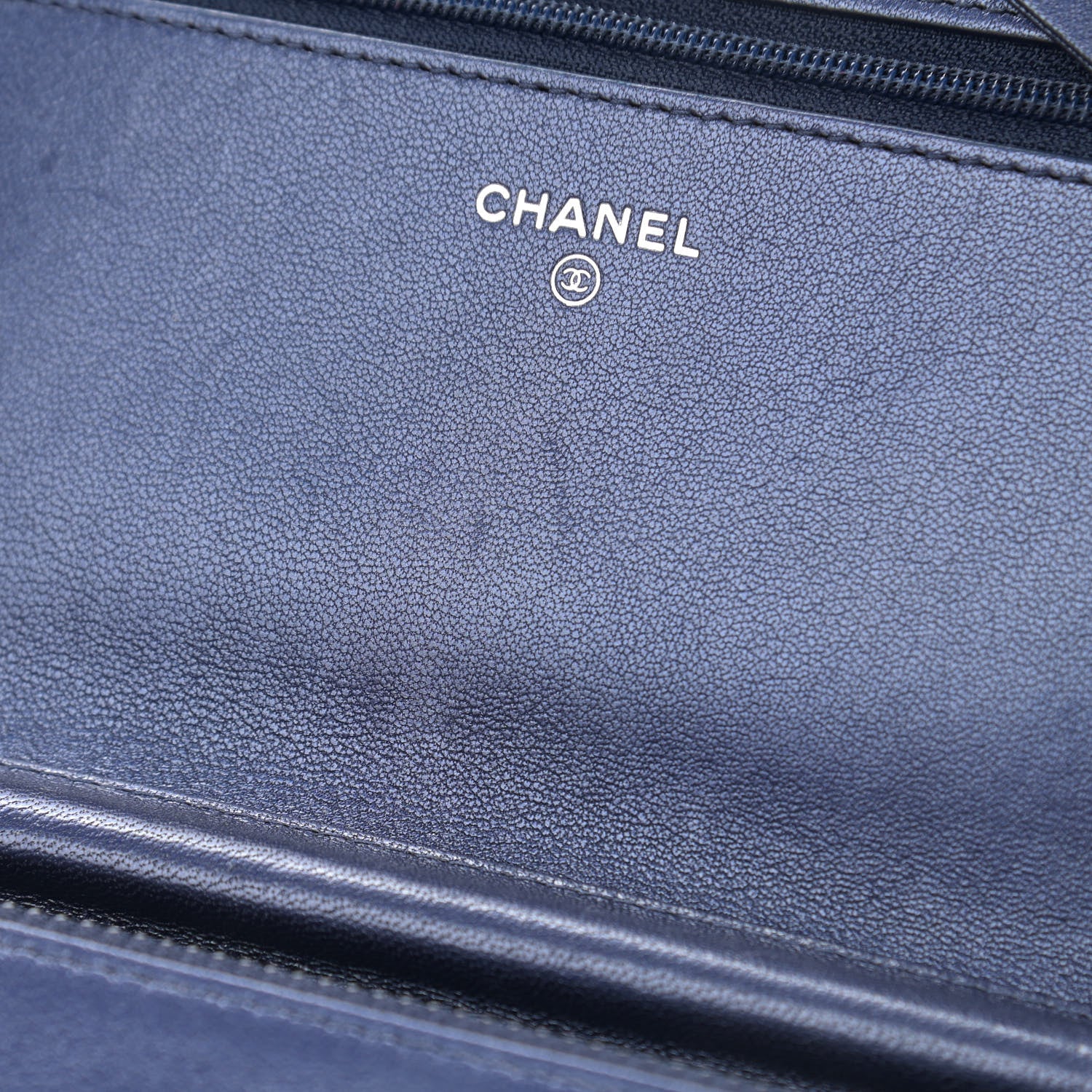 Chanel Metallic Sheepskin Chevron Quilted Vintage Mademoiselle Wallet On Chain WOC Navy 12 of 15