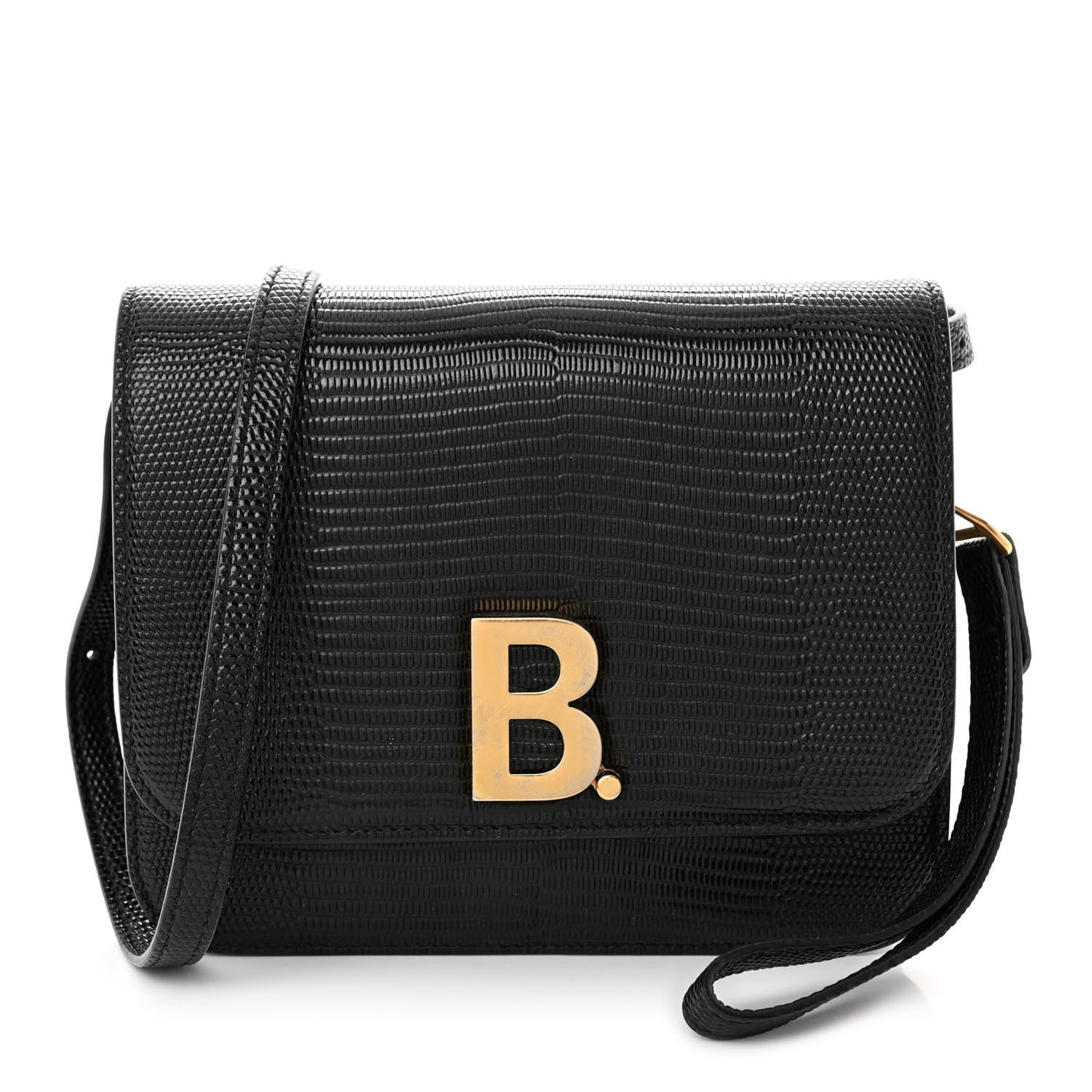 Patent Calfskin Lizard Embossed Small B Crossbody Bag Black
