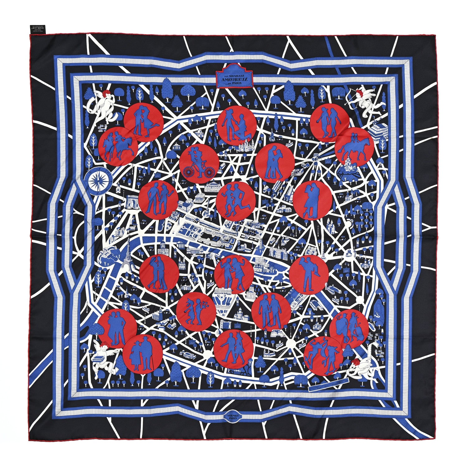 Hermes Silk Les Nouveaux Amoureux de Paris Scarf 90 Bleu Black