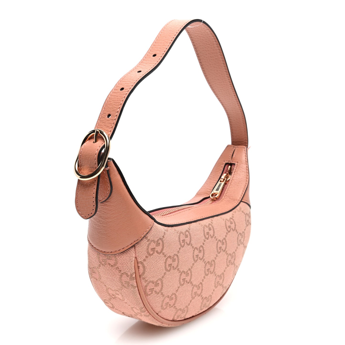 GG Supreme Monogram Textured Calfskin Web Mini Ophidia Half Moon Hobo Rose Pink