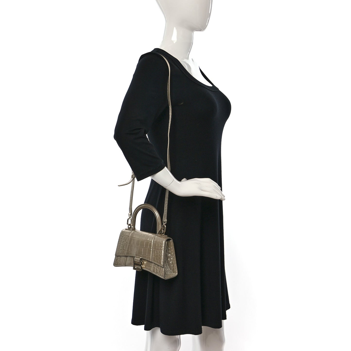 Metallic Shiny Calfskin Crocodile Embossed Hourglass Top Handle Bag XS Light Gold