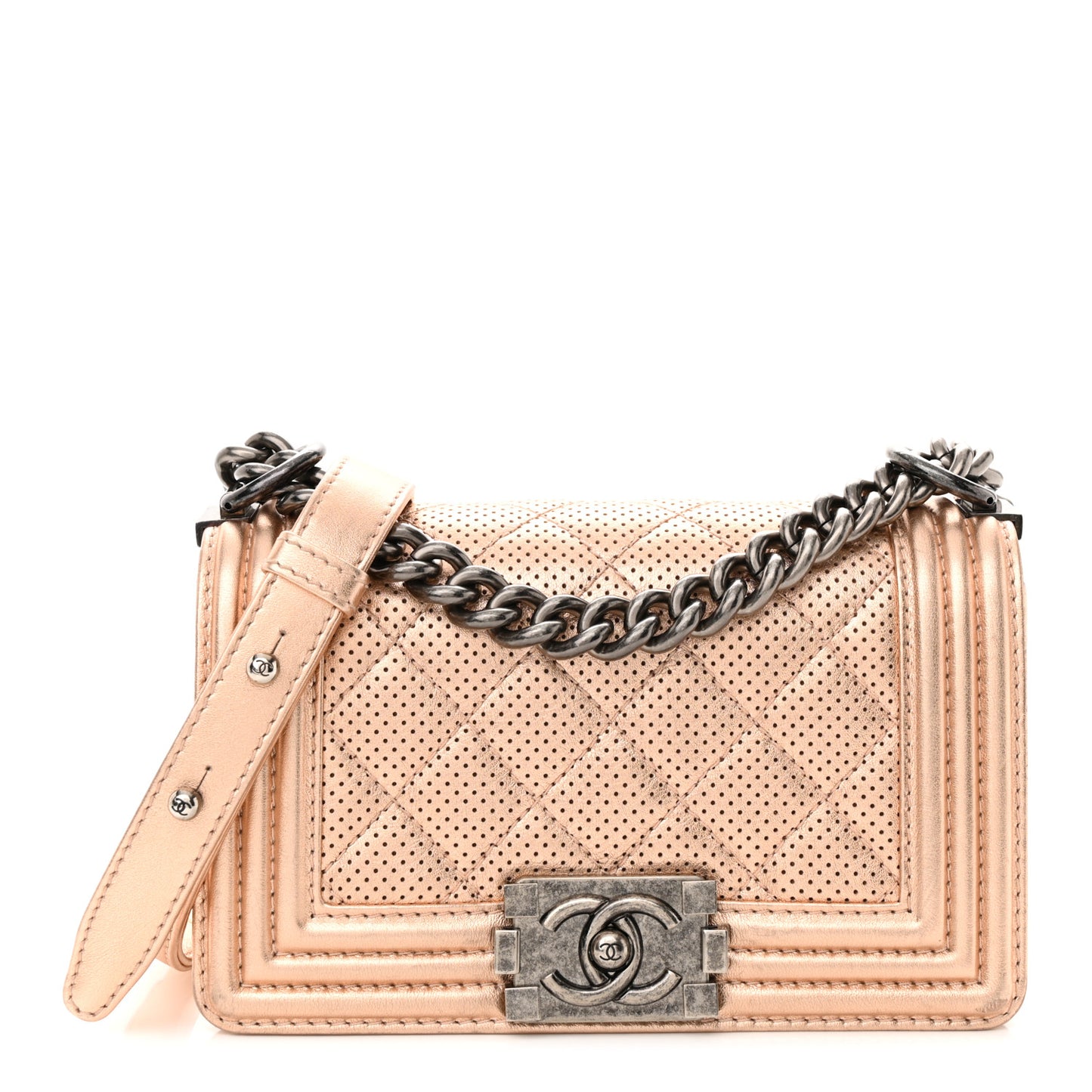 Metallic Calfskin Perforated Small Boy Flap Gold