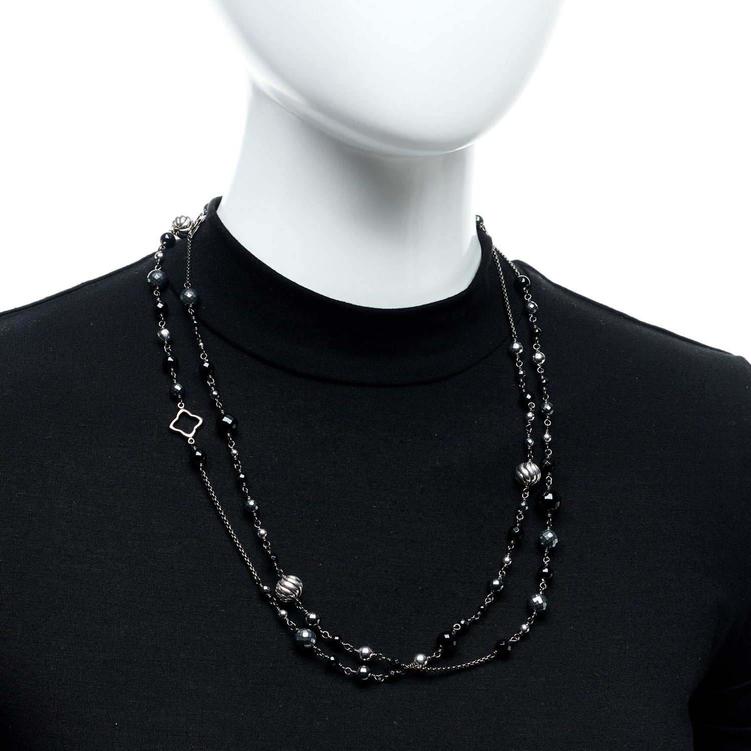David Yurman Darkened Sterling Silver Black Onyx Hematite Quatrefoil Bead Chain Necklace 2 of 5