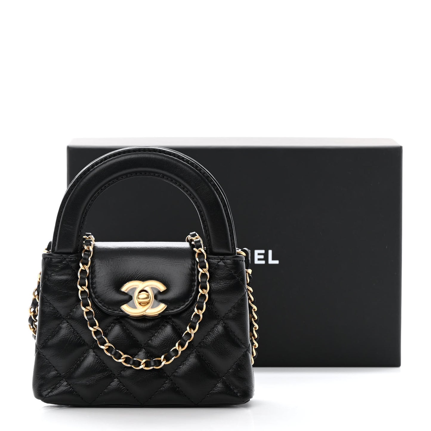 Shiny Aged Calfskin Quilted Mini Nano Kelly Shopper Black