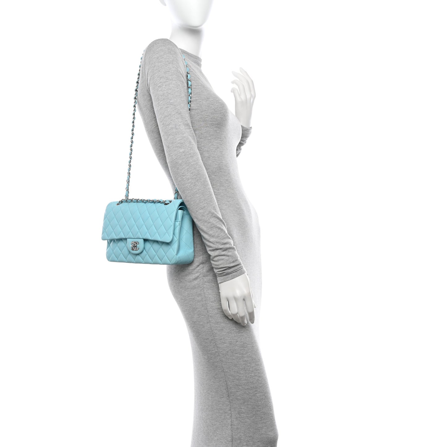 Lambskin Quilted Medium Double Flap Light Blue
