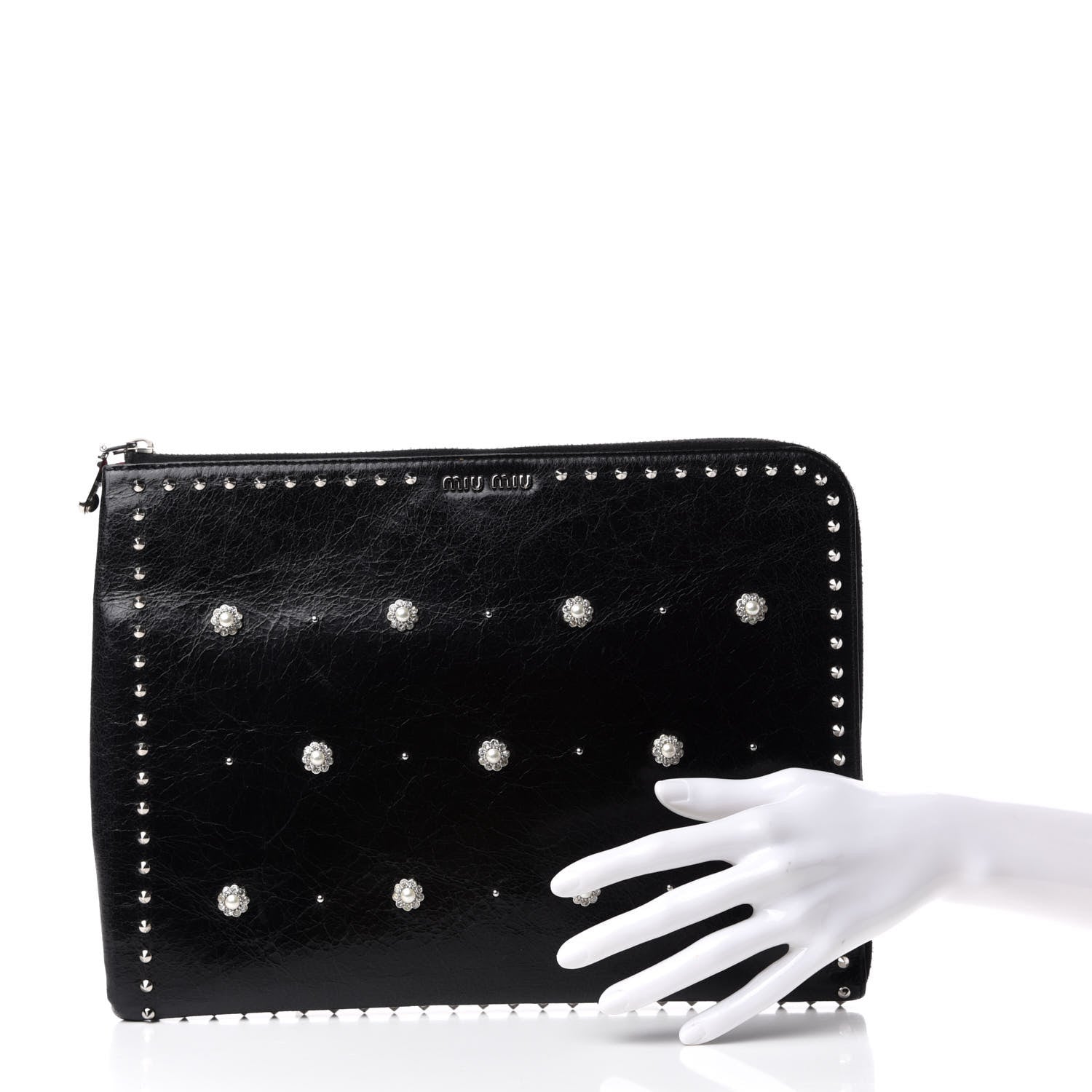 Miu Miu Vitello Shine Studded Flower Clutch Black 2 of 7