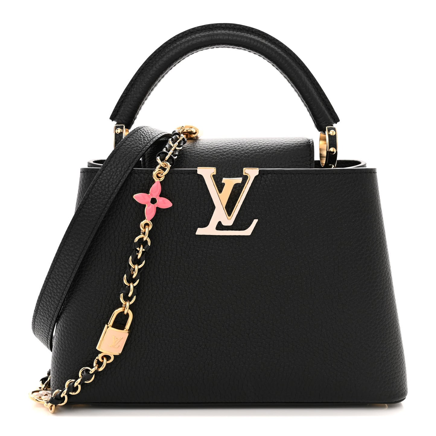 Taurillon Enamel Flower Padlock Chain Capucines BB Black