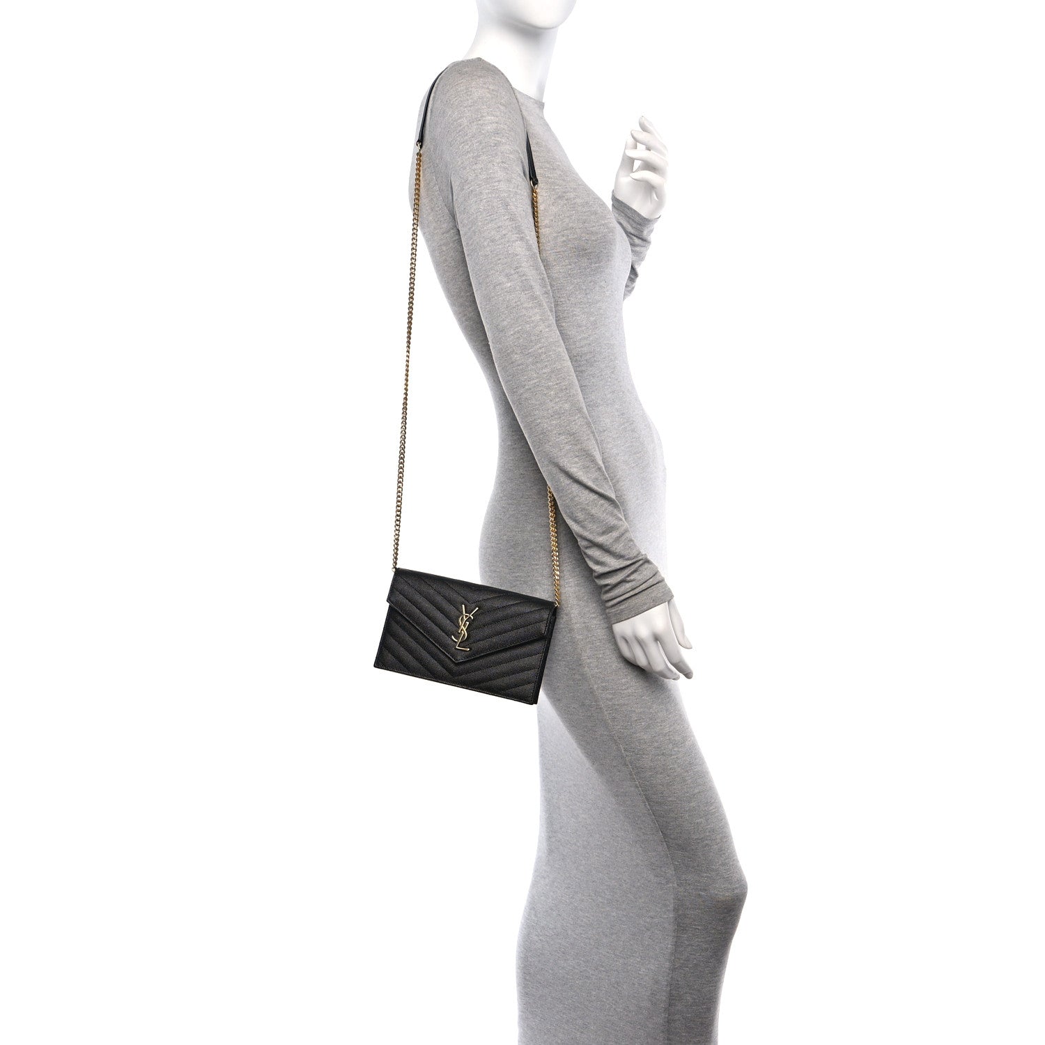 Saint Laurent Grain De Poudre Matelasse Chevron Monogram Envelope Chain Wallet Black 2 of 10
