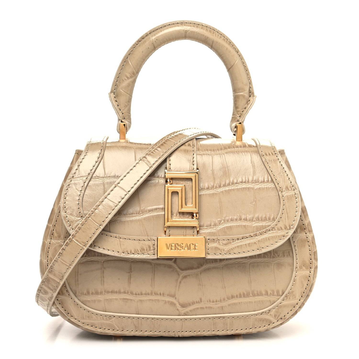Versace Calfskin Crocodile Embossed Greca Goddess Mini Top Handle