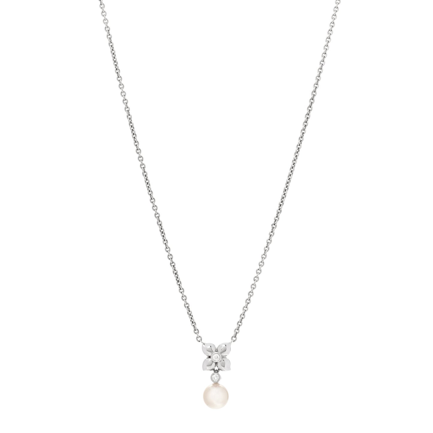 18K White Gold Diamond Akoya Pearl 7.5mm Drop Pendant Necklace