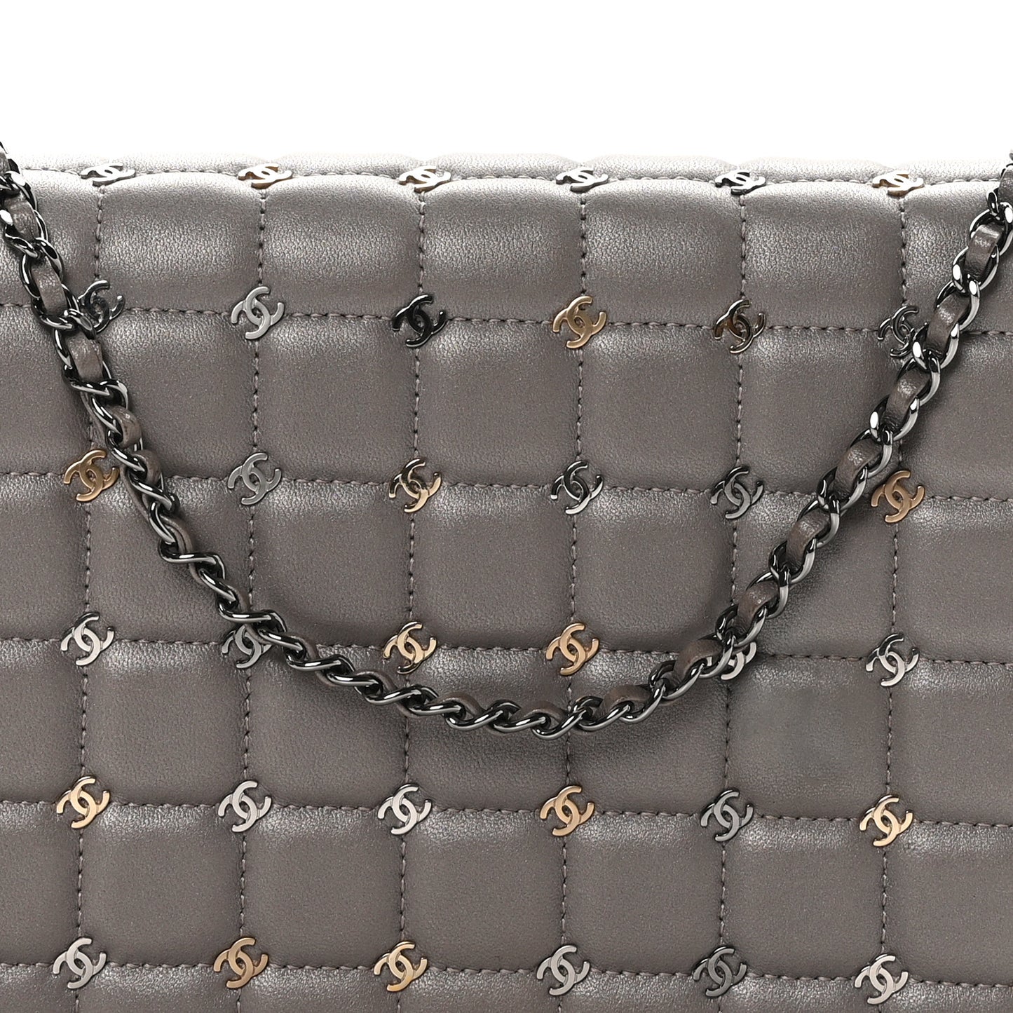 Lambskin Chocolate Bar Piercing CC Studded Small Chain Flap Bag Grey