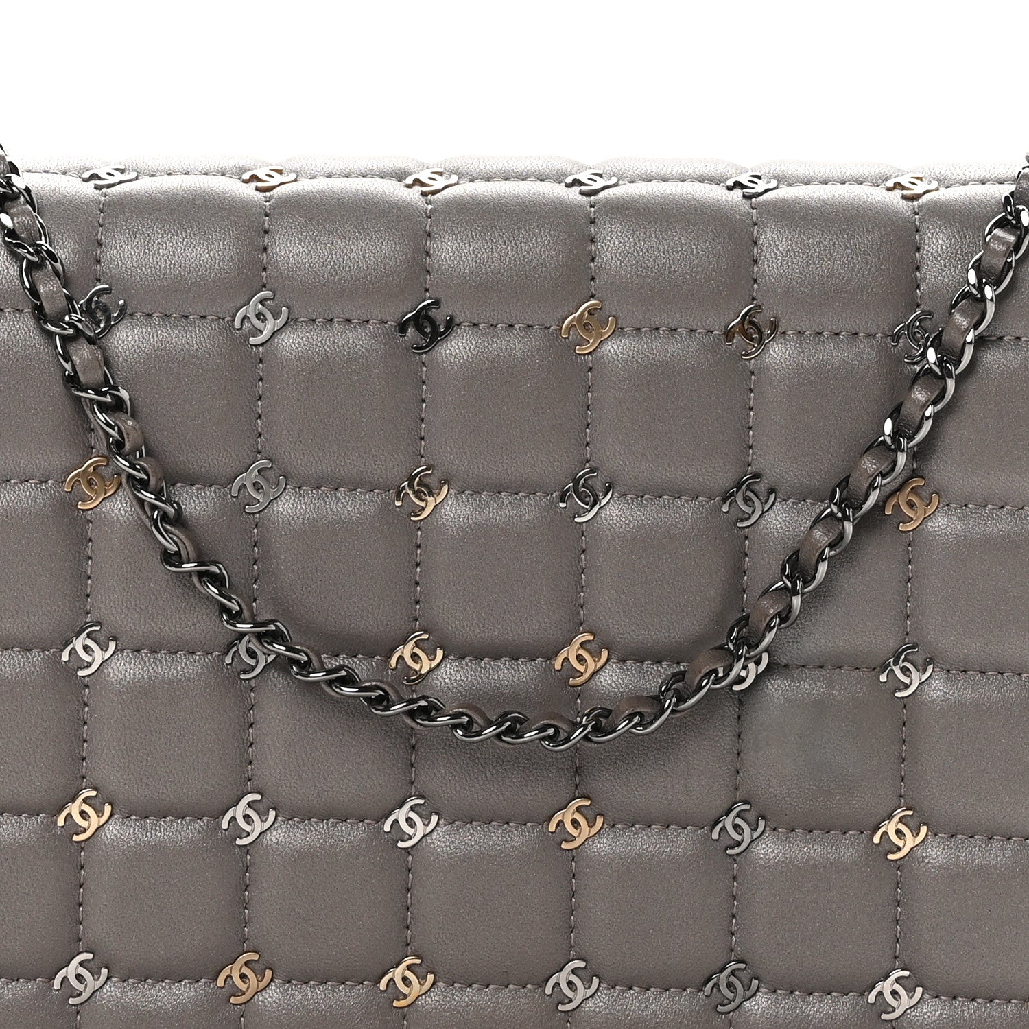 Chanel Lambskin Chocolate Bar Piercing CC Studded Small Chain Flap Bag Grey 8 of 10