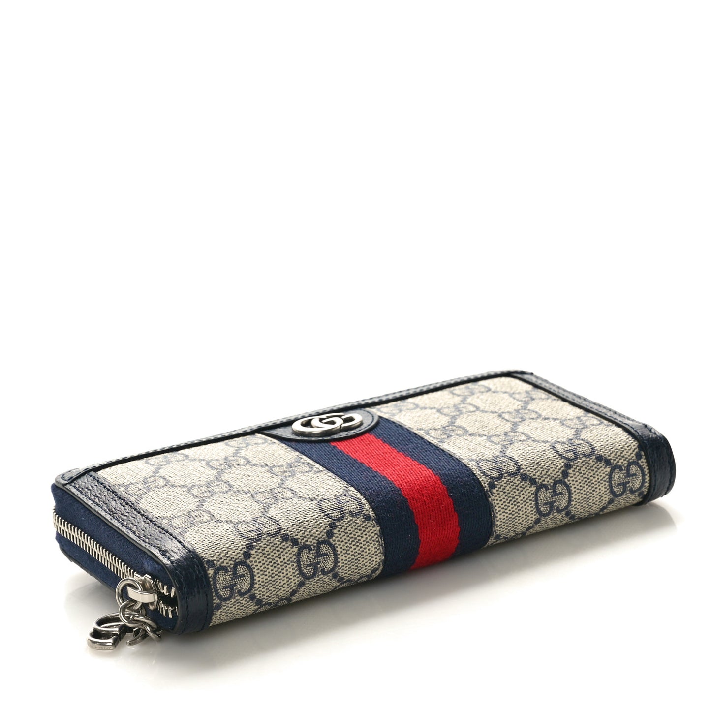 GG Supreme Monogram Textured Dollar Calfskin Web Ophidia Zip Around Wallet Beige Blue