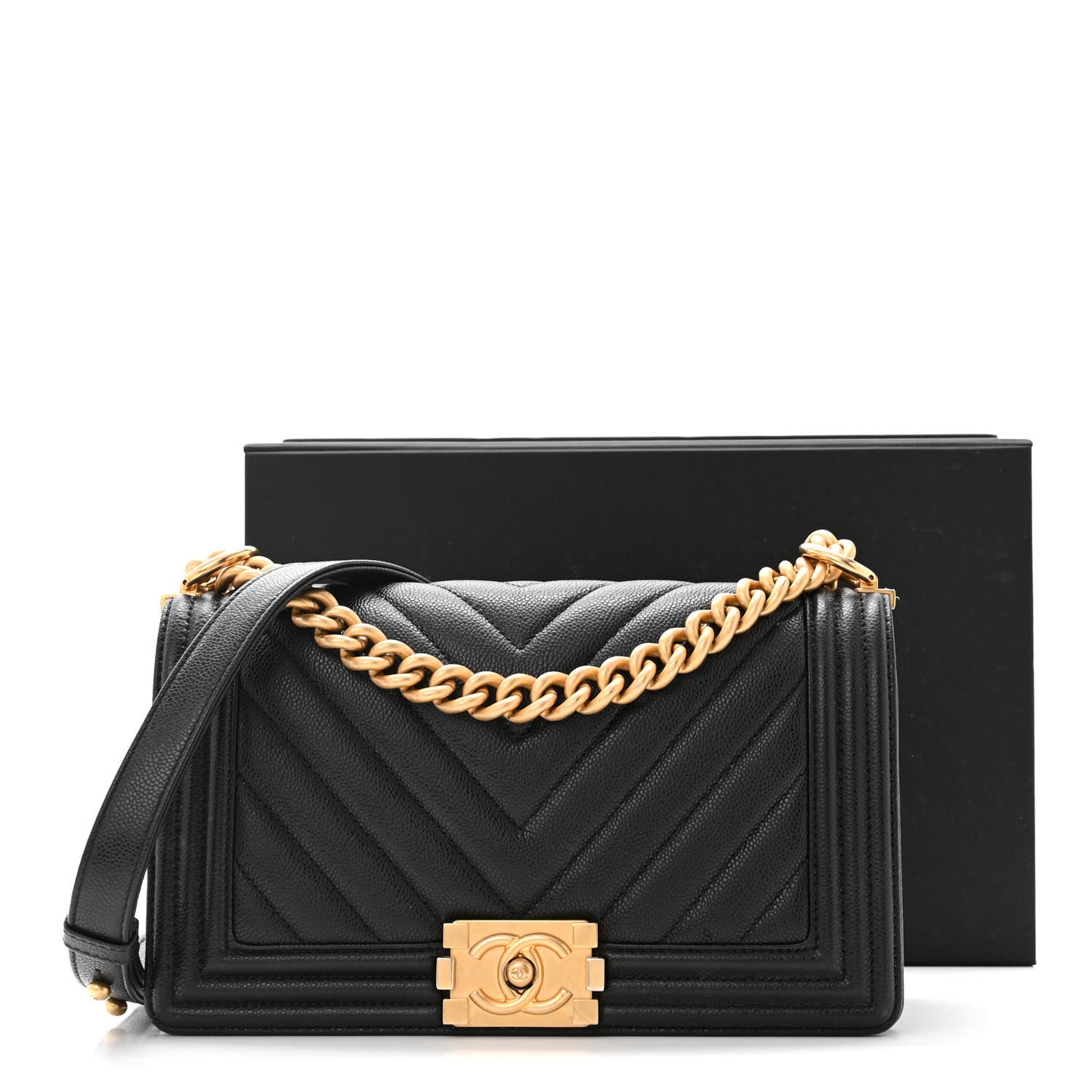 Caviar Chevron Quilted Medium Boy Flap Black