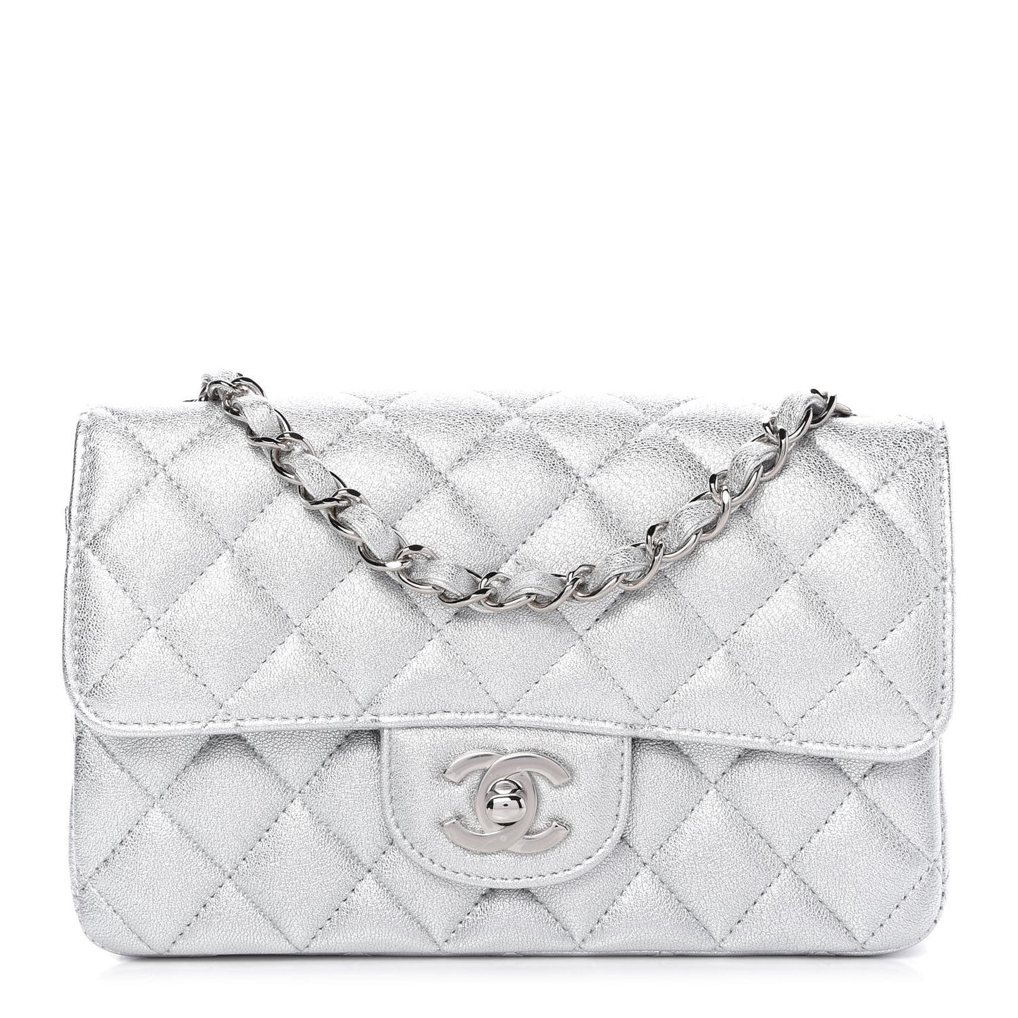 Metallic Lambskin Quilted Mini Rectangular Flap Silver