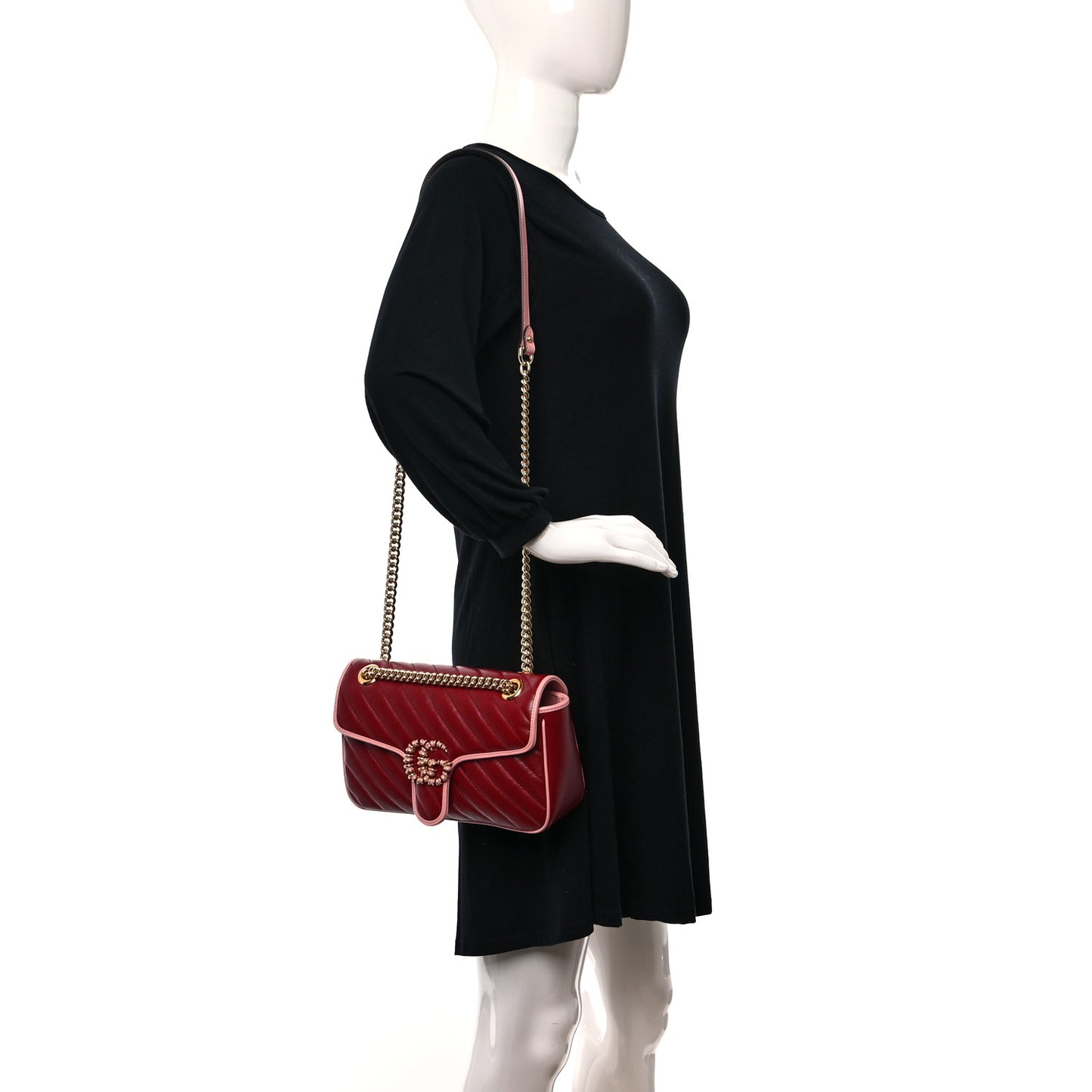 Azalea Calfskin Enamel Matelasse Diagonal Small Torchon GG Marmont Shoulder Bag New Cherry Red Wild Rose