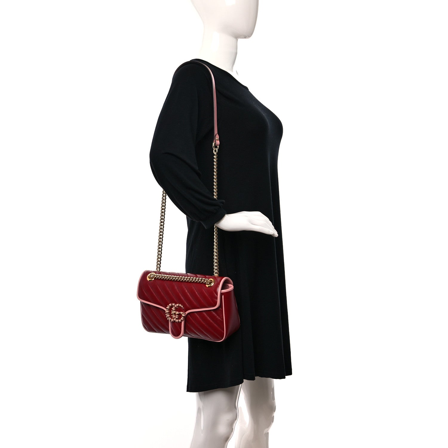 Gucci Azalea Calfskin Enamel Matelasse Diagonal Small Torchon GG Marmont Shoulder Bag New Cherry Red Wild Rose 2 of 10