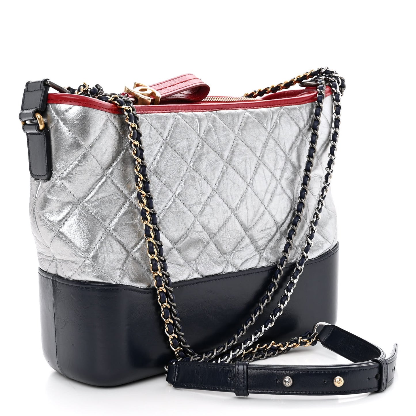 Metallic Aged Calfskin Quilted Medium Gabrielle Hobo Silver Navy Red