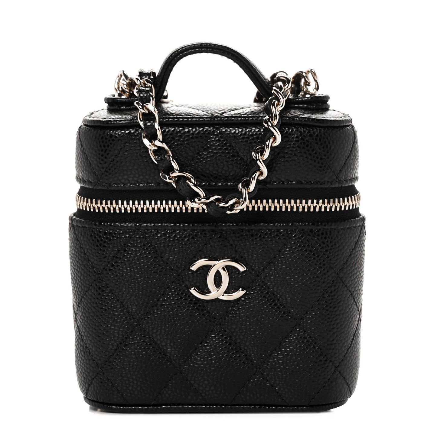 Caviar Quilted Small Handle With Care Vanity Case With Chain Black
