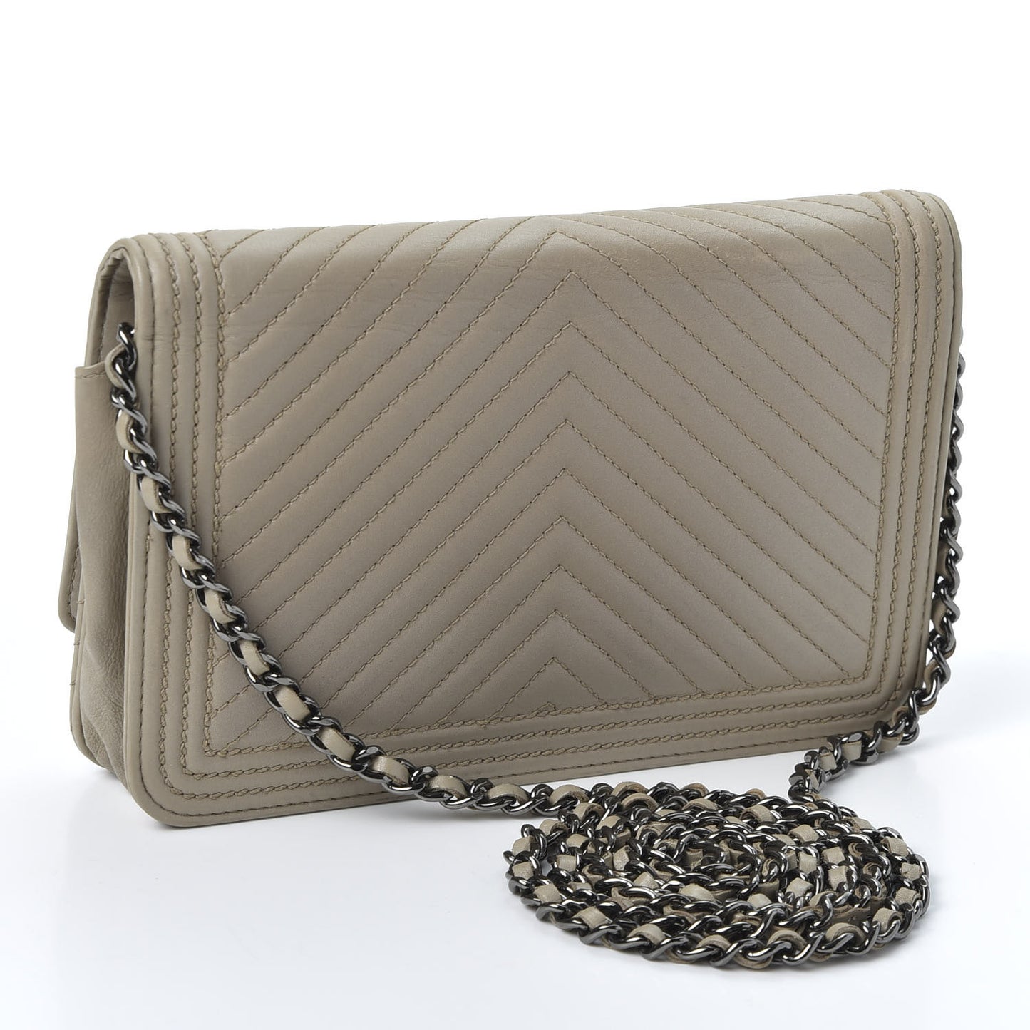 Lambskin Chevron Quilted Boy Wallet On Chain WOC Grey