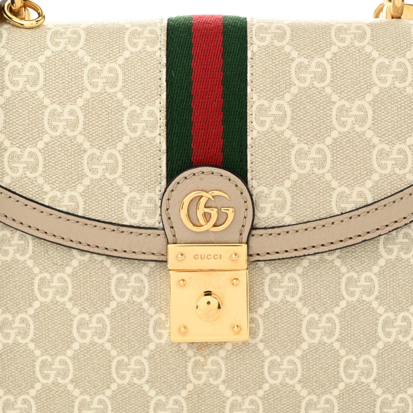 GG Supreme Monogram Textured Dollar Calfskin Web Small Ophidia Padlock Top Handle Bag Beige Mystic White Oatmeal