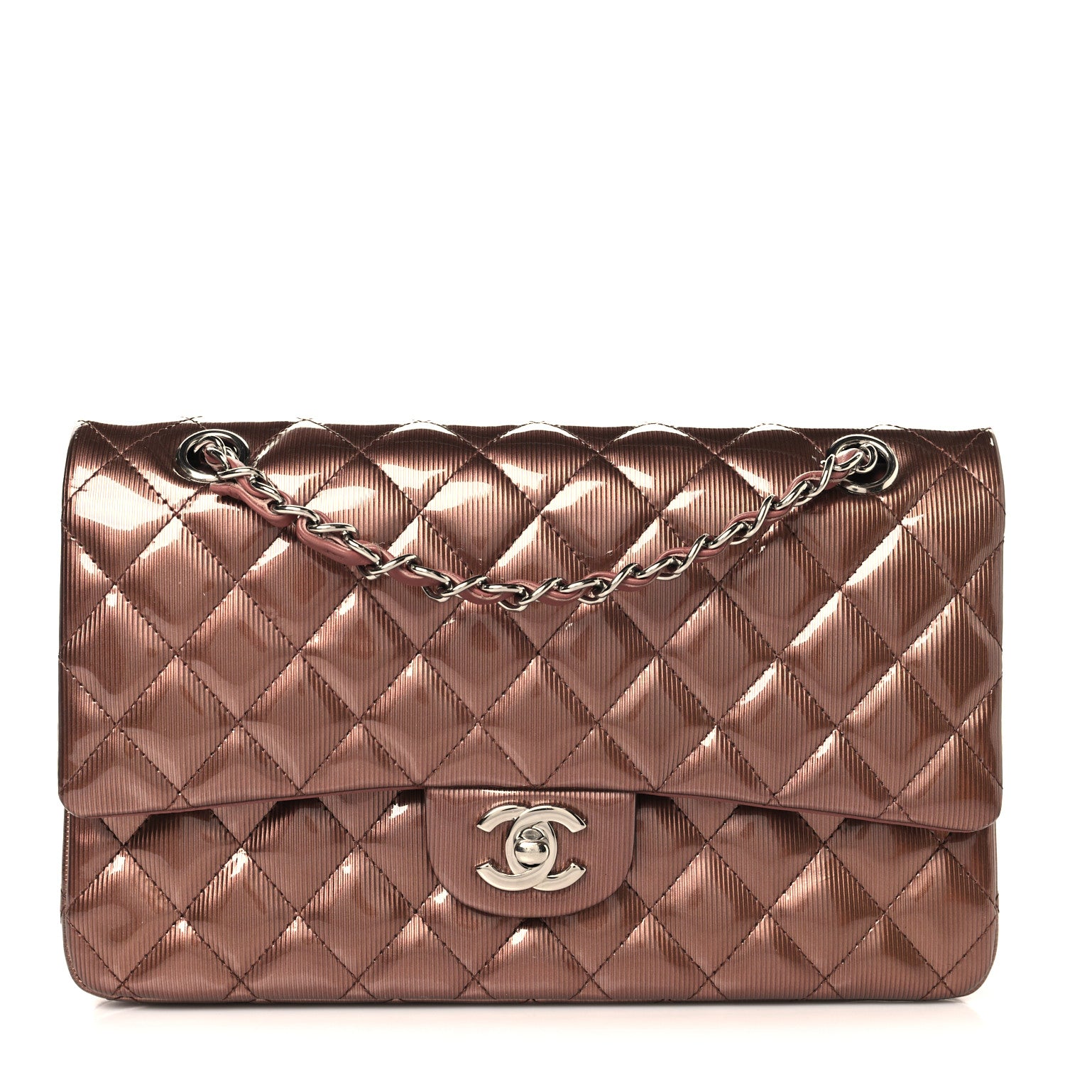 Chanel Striated Patent Quilted Medium Double Flap Bronze 1857480