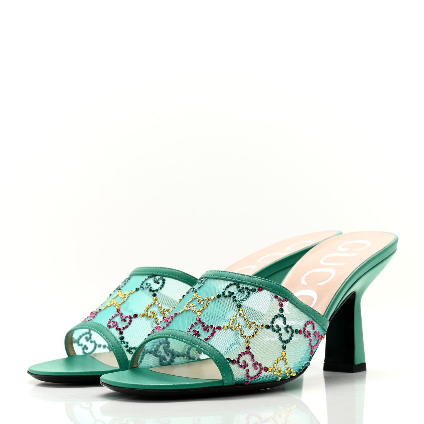 Tela Retino Nappa Crystal GG Monogram Square G 95mm Slide Sandals 37 Turquoise